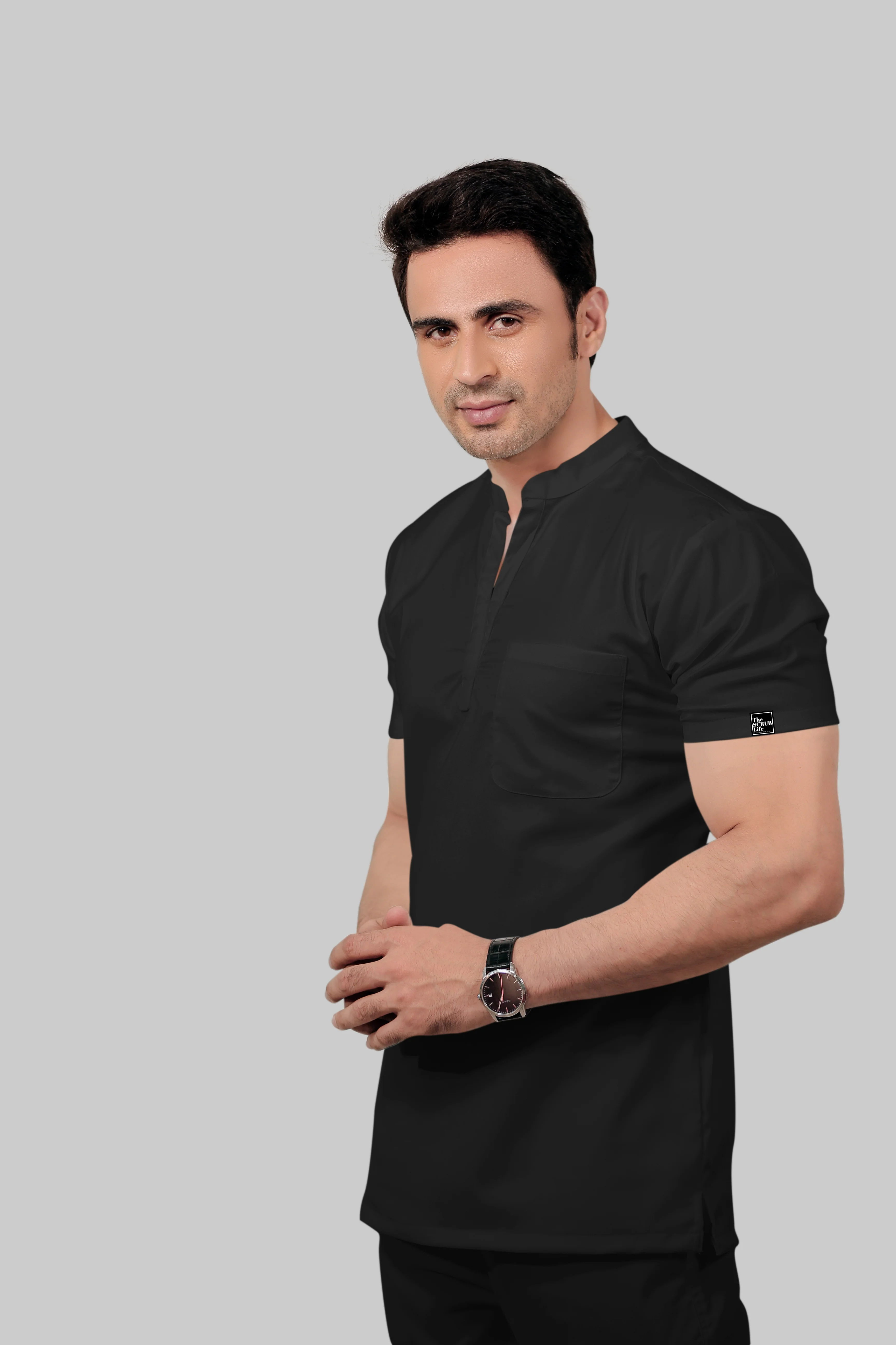 Stretchable (2Way) Men Black Mandarin Neck With Straight Pant Scrub Set - Image 3