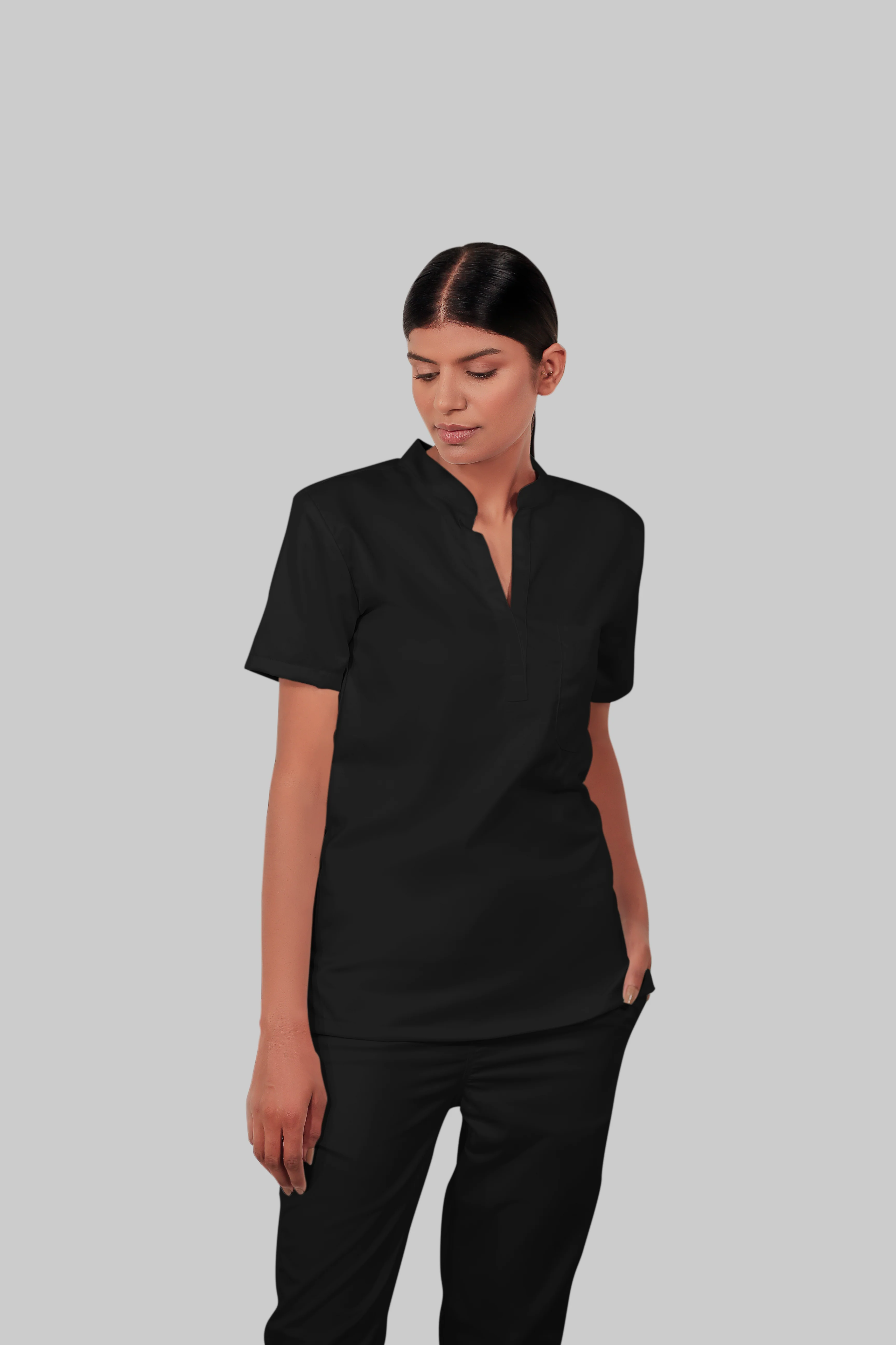 Stretchable (2Way) Women Black Mandarin Neck With Straight Pant Scrub Set - Image 3
