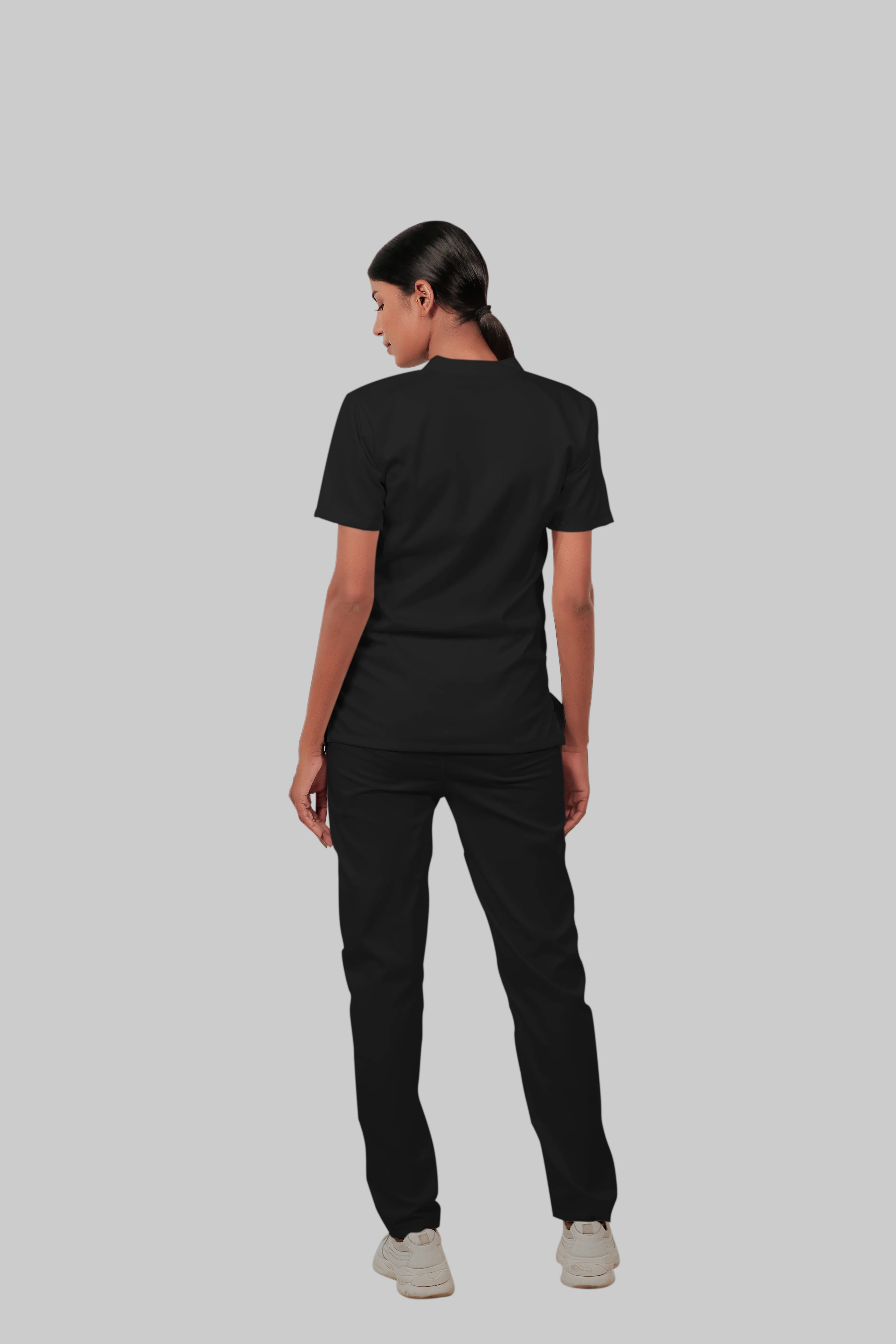 Stretchable (2Way) Women Black Mandarin Neck With Straight Pant Scrub Set - Image 5