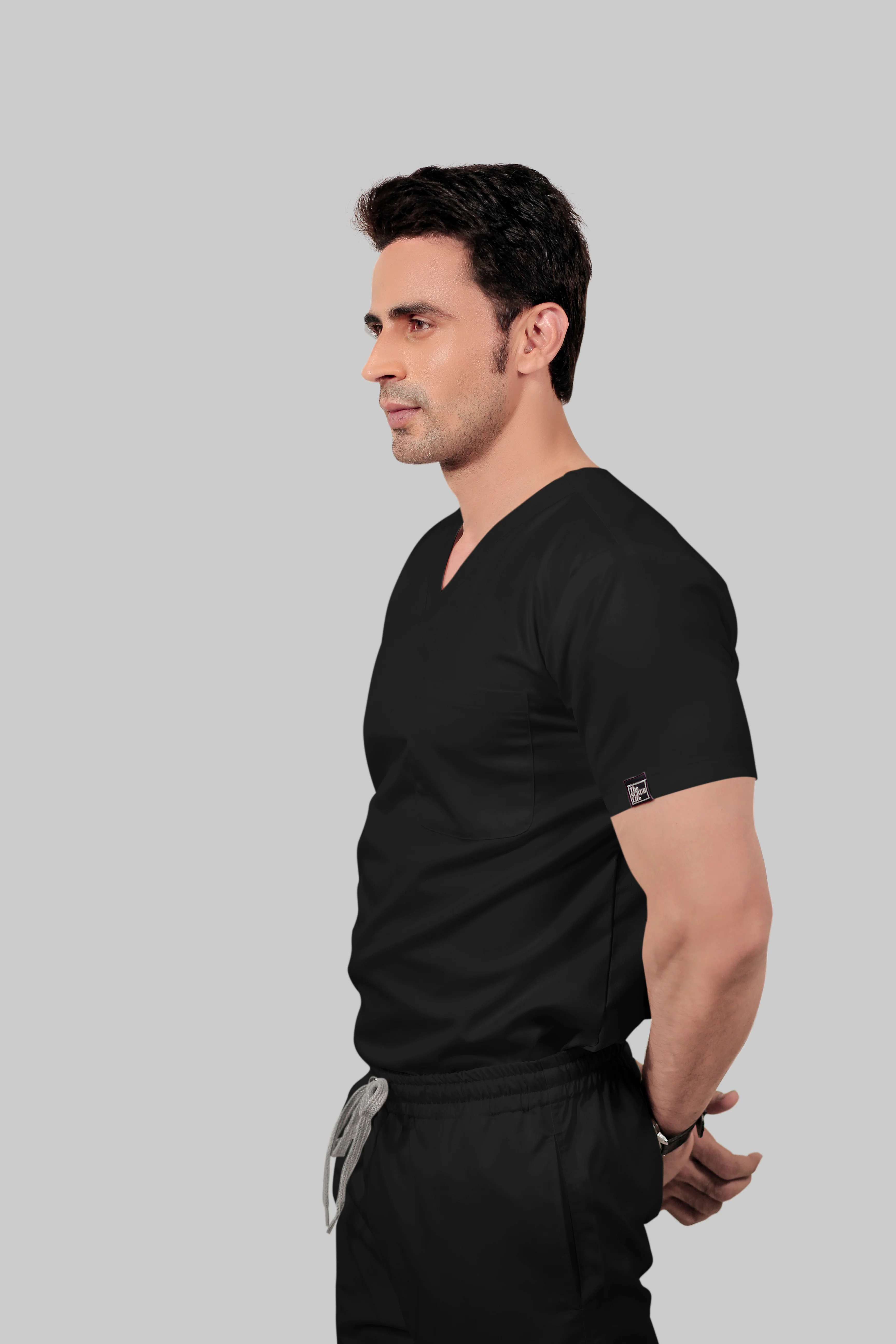 Stretchable (2Way) Men Black V-Neck With Jogger Scrub Set - Image 3