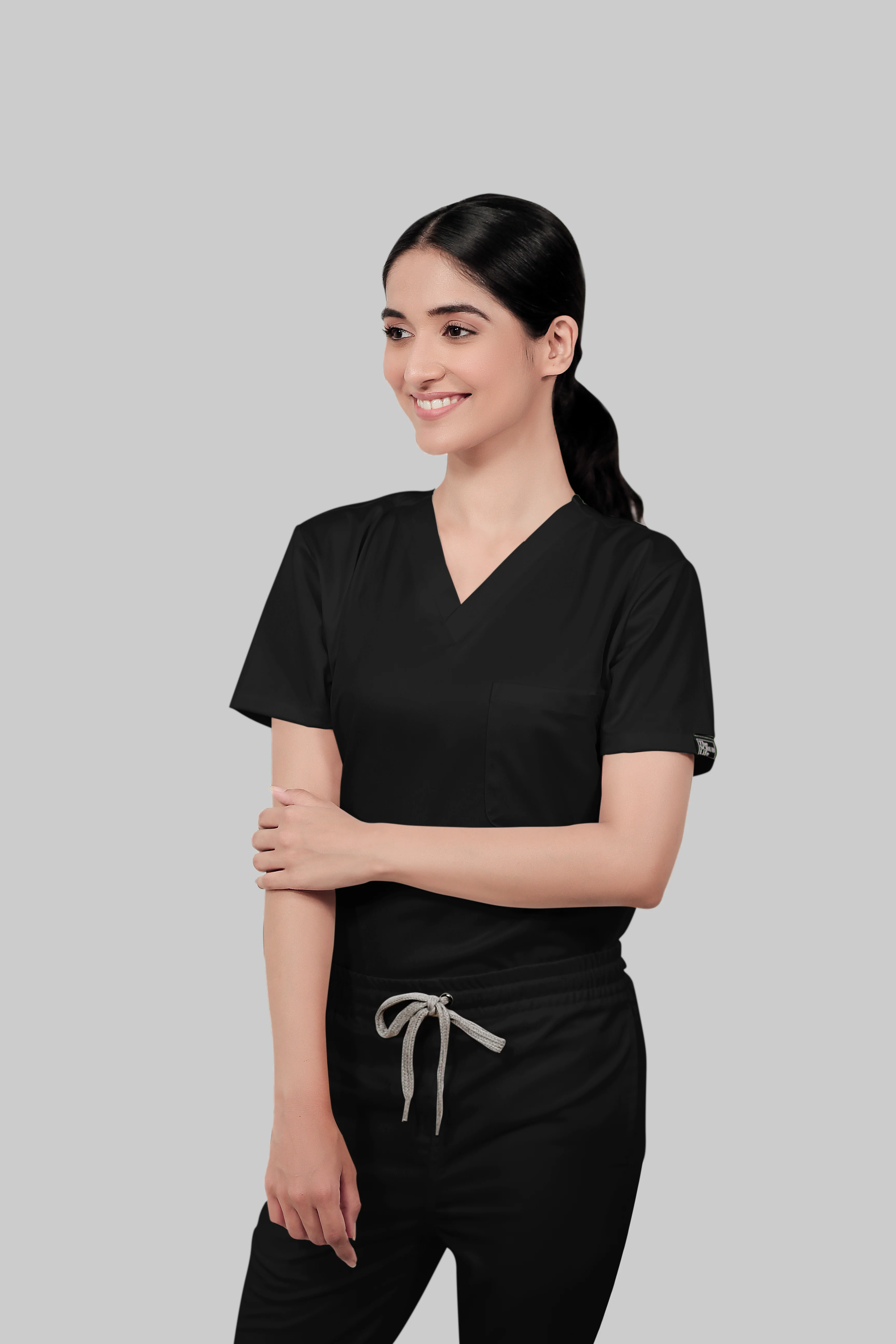 Stretchable (2Way) Women Black V-Neck With Straight Pant Scrub Set - Image 3