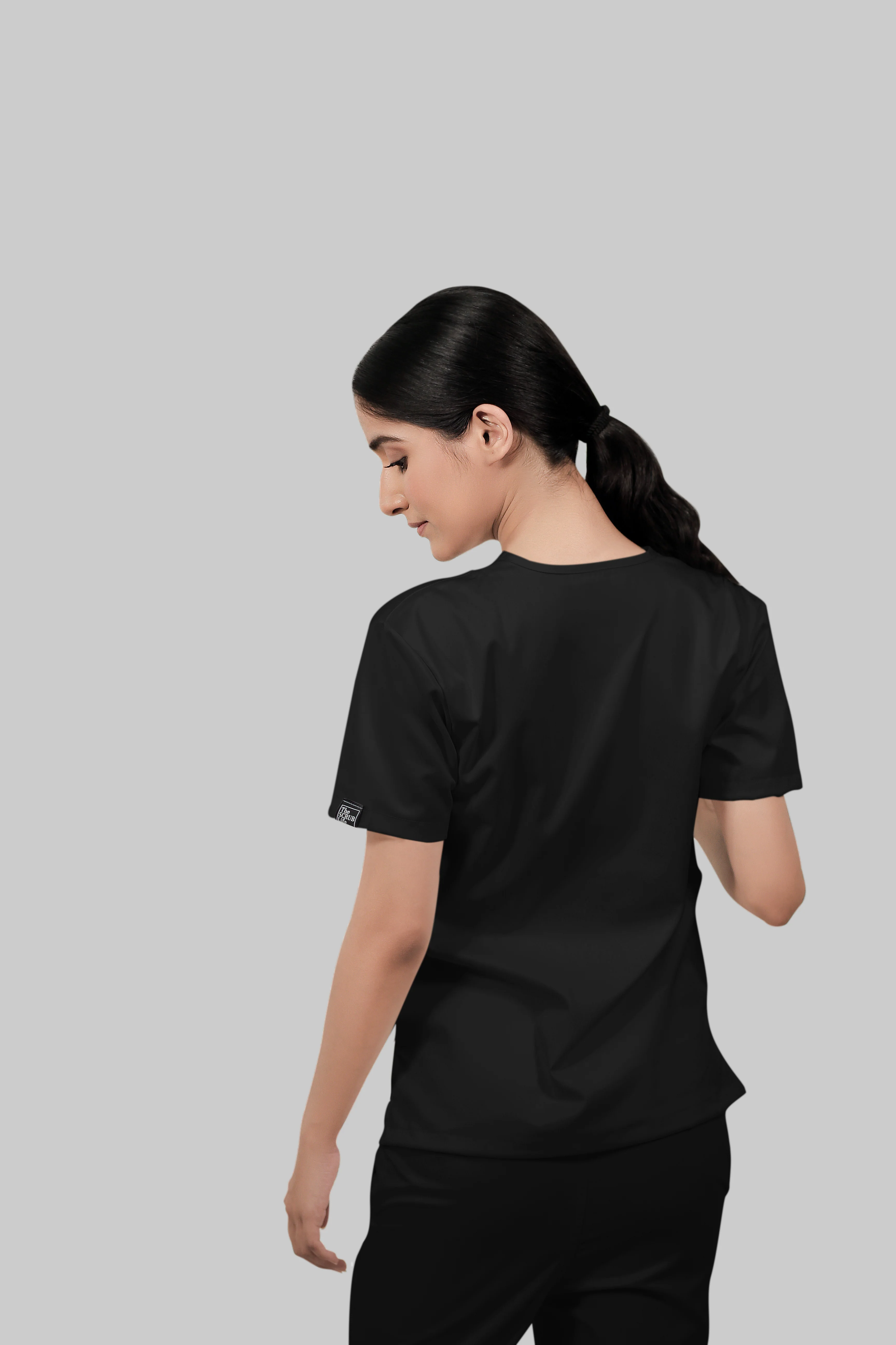 Stretchable (2Way) Women Black V-Neck With Straight Pant Scrub Set - Image 4