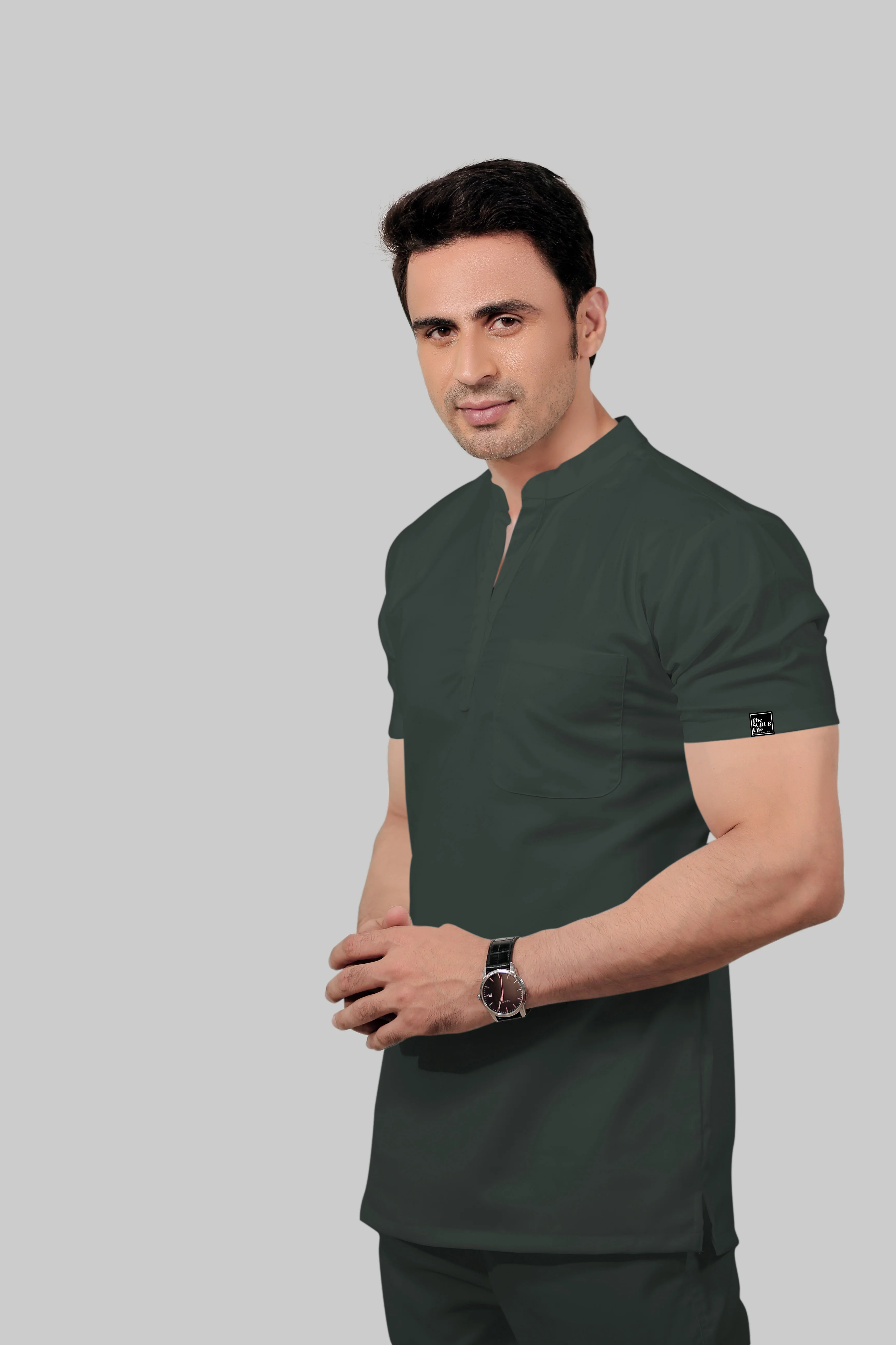 Stretchable (2Way) Men Bottle Green Mandarin Neck With Jogger Scrub Set - Image 4