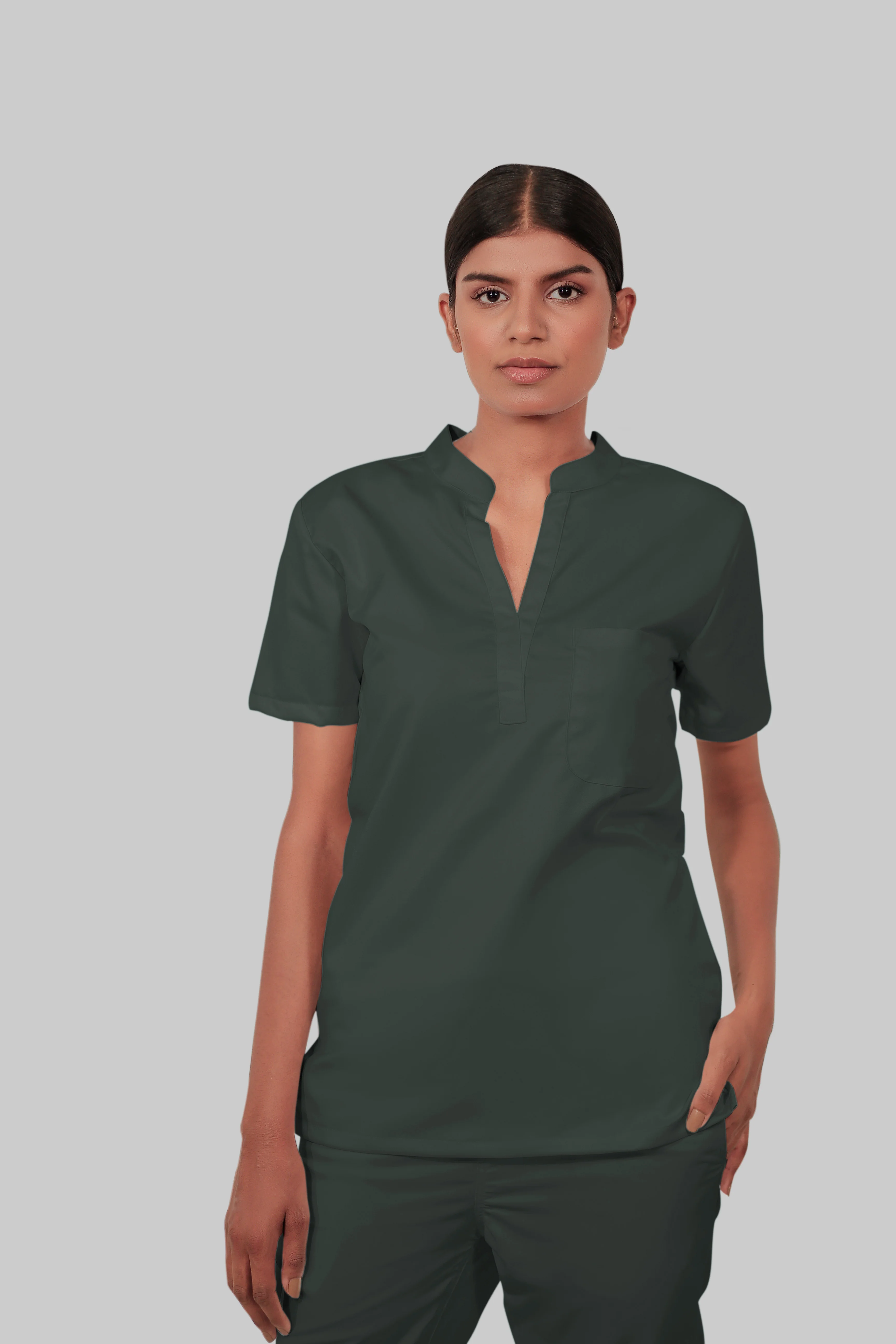 Stretchable (2Way) Women Bottle Green Mandarin With Straight Pant Scrub Set - Image 3