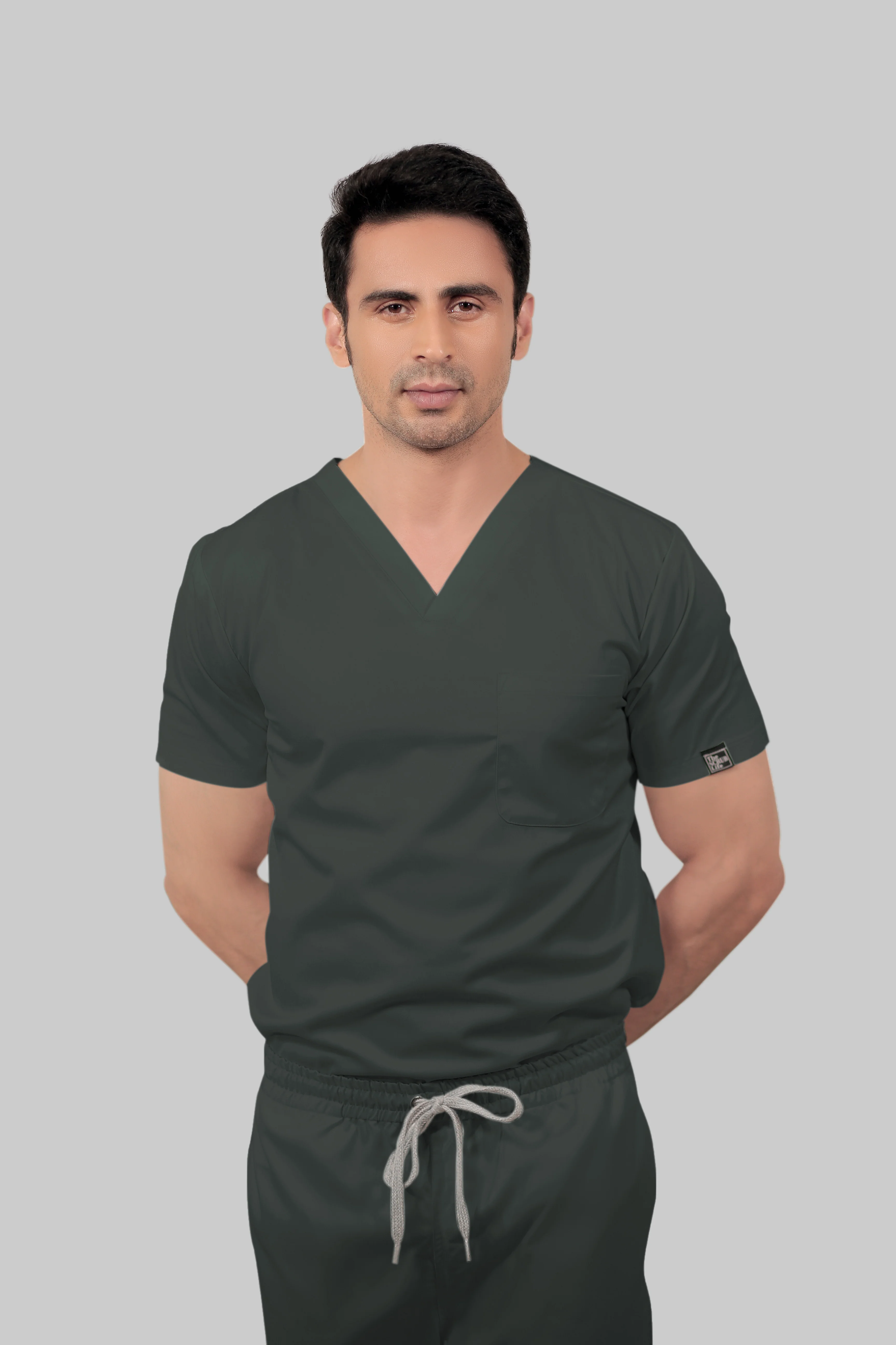 Stretchable (2Way) Men Bottle Green V-Neck With Straight Pant Scrub Set - Image 3