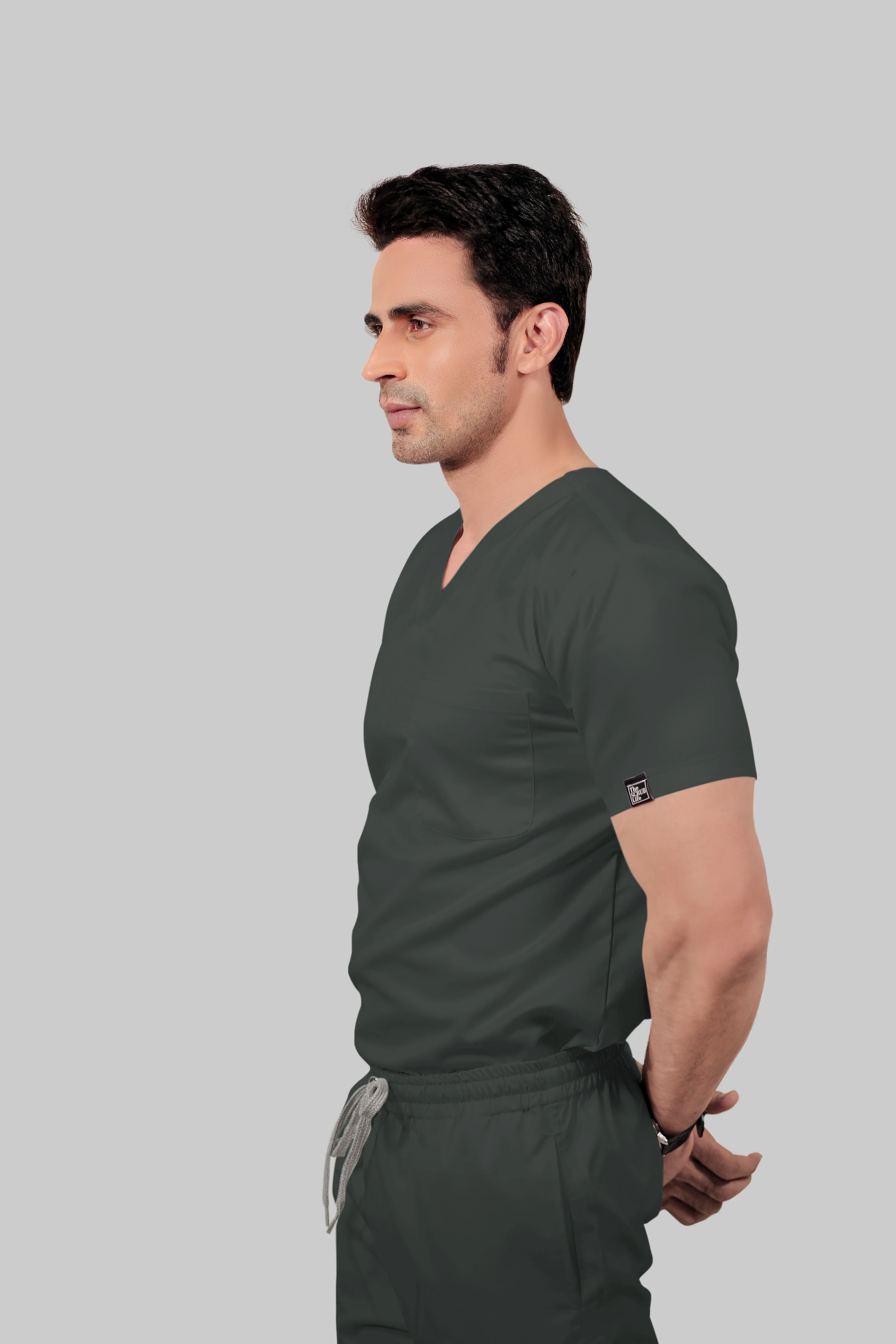 Stretchable (2Way) Men Bottle Green V-Neck With Straight Pant Scrub Set - Image 4