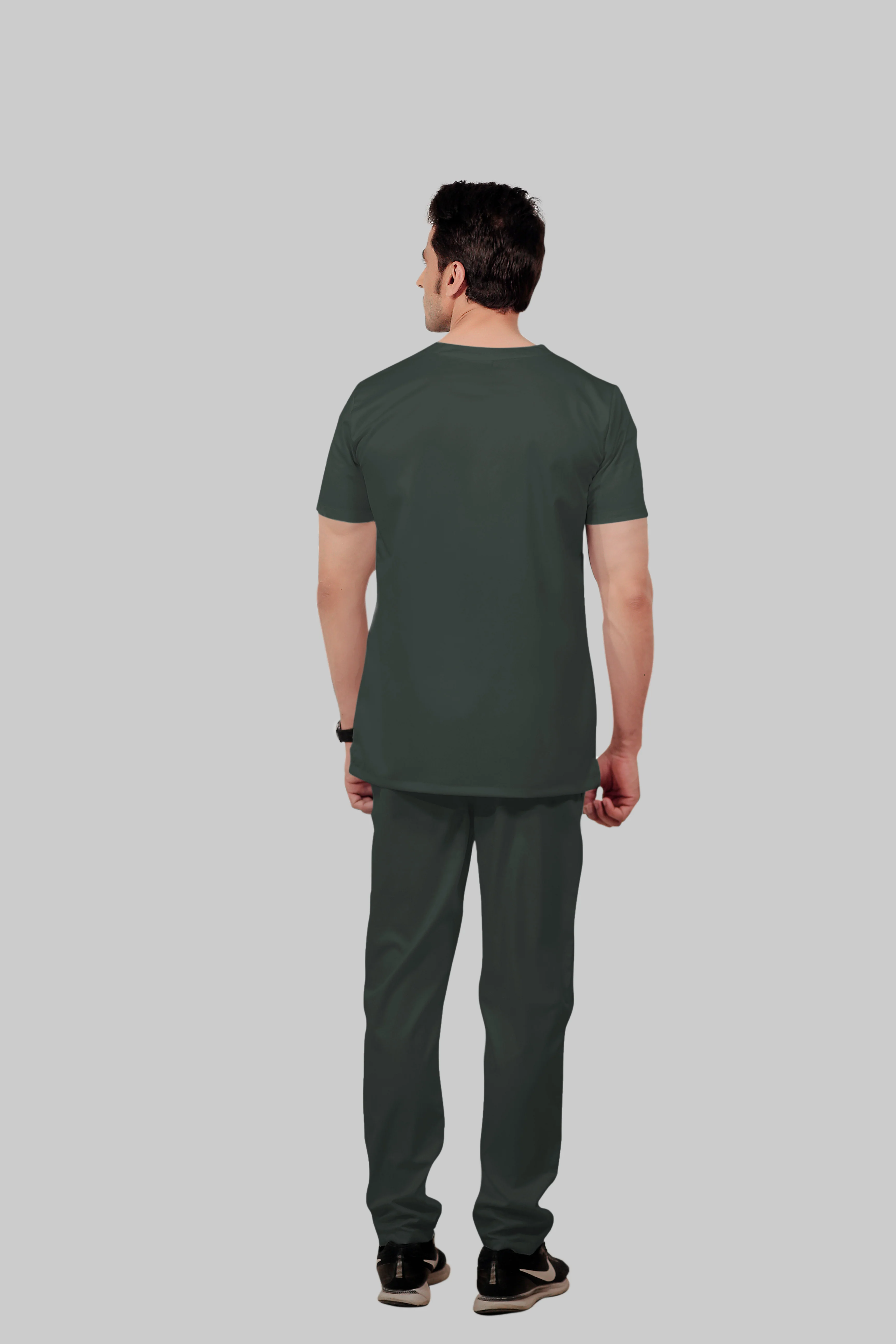 Stretchable (2Way) Men Bottle Green V-Neck With Straight Pant Scrub Set - Image 5