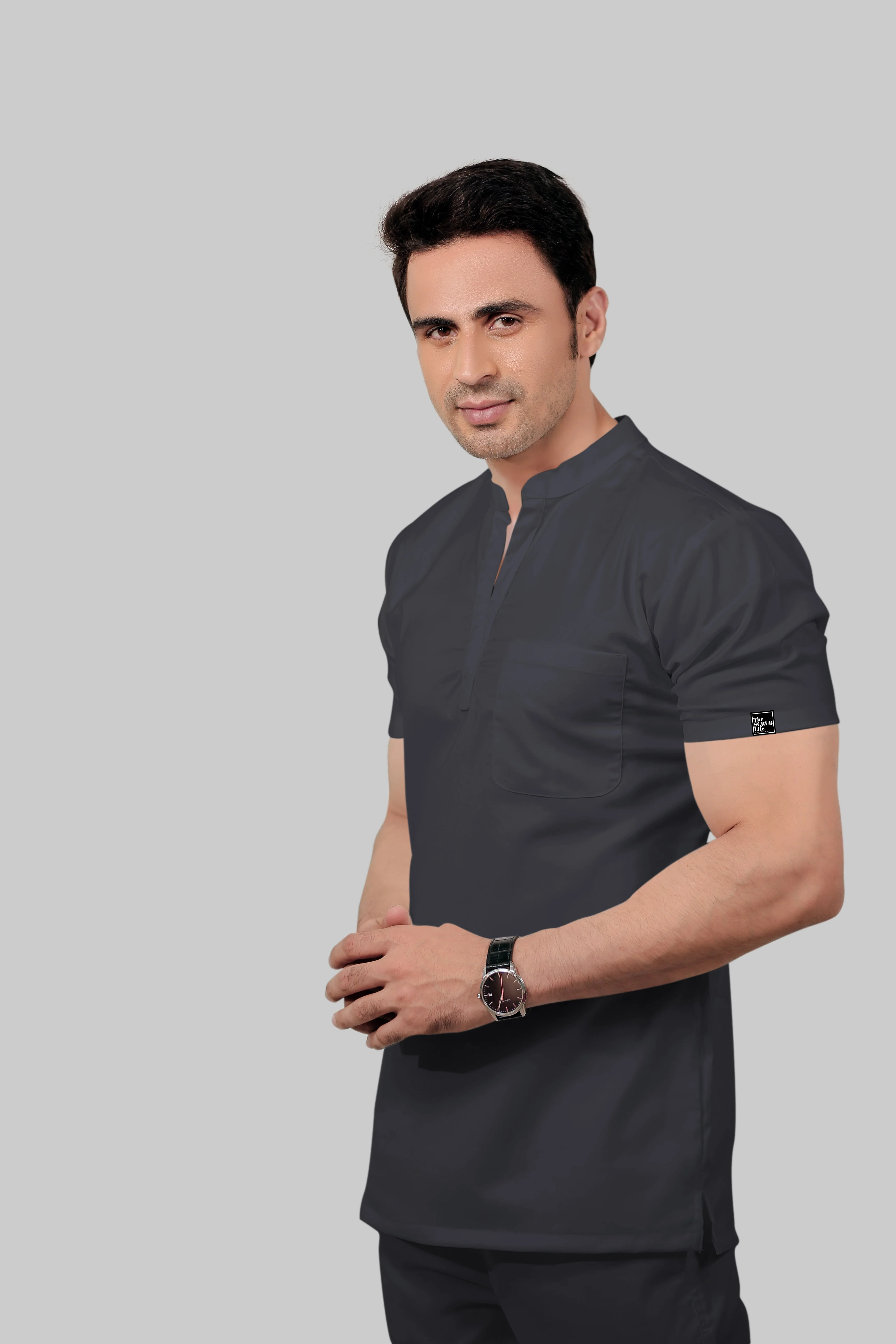 Stretchable (2Way) Men Dark Gray Mandarin Neck With Straight Pant Scrub Set - Image 3
