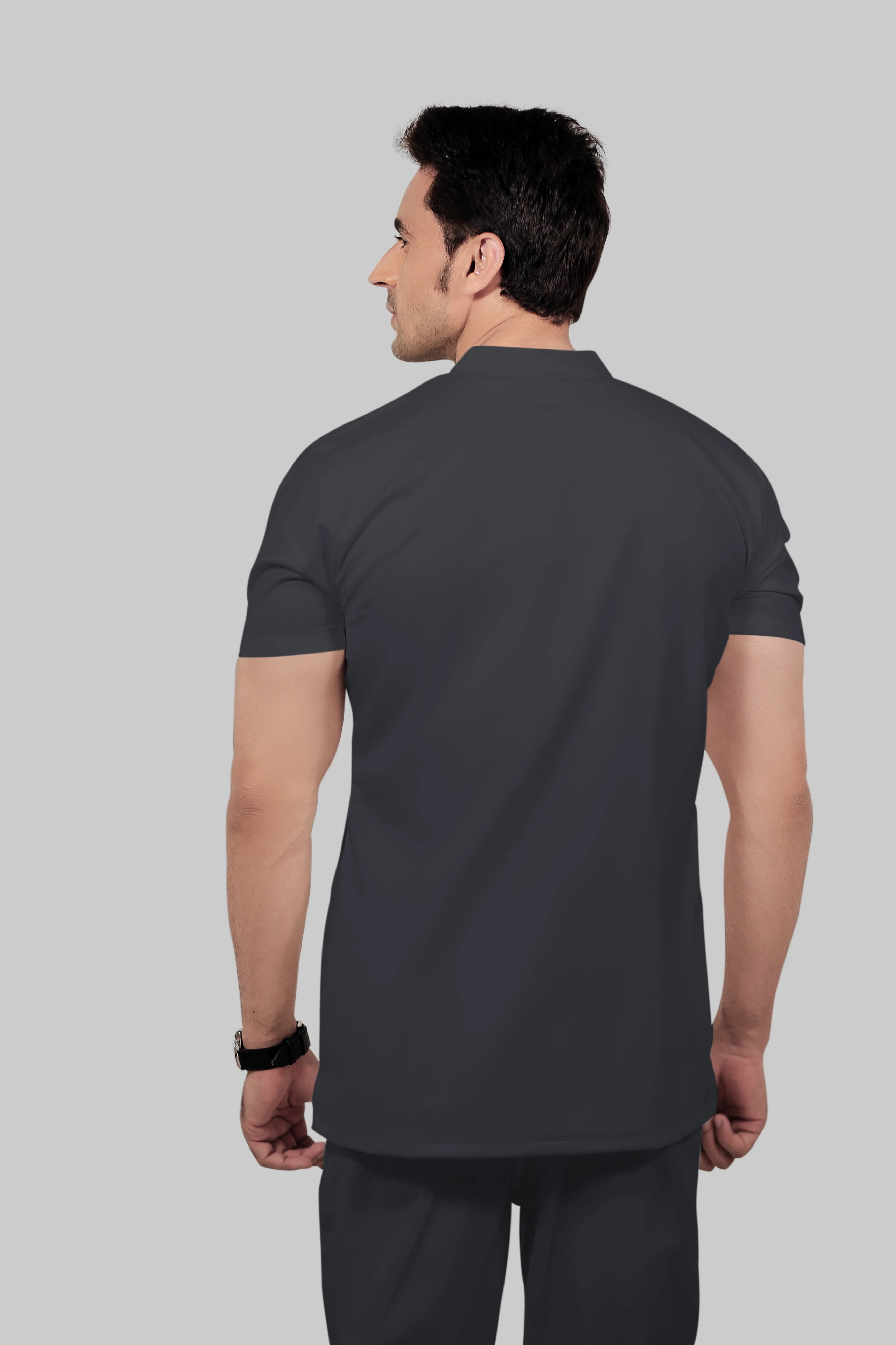 Stretchable (2Way) Men Dark Gray Mandarin Neck With Straight Pant Scrub Set - Image 4