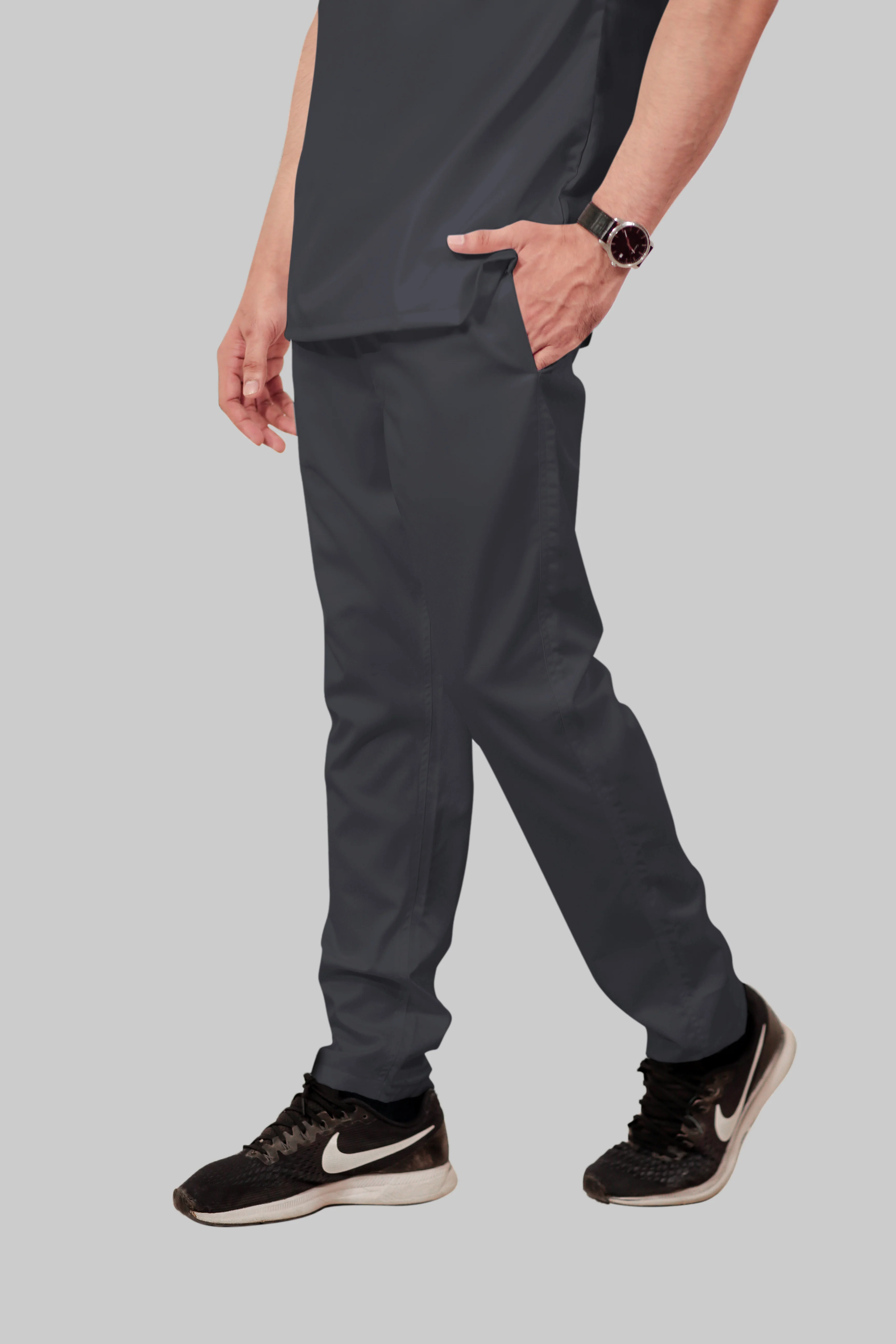 Stretchable (2Way) Men Dark Gray Mandarin Neck With Straight Pant Scrub Set - Image 5