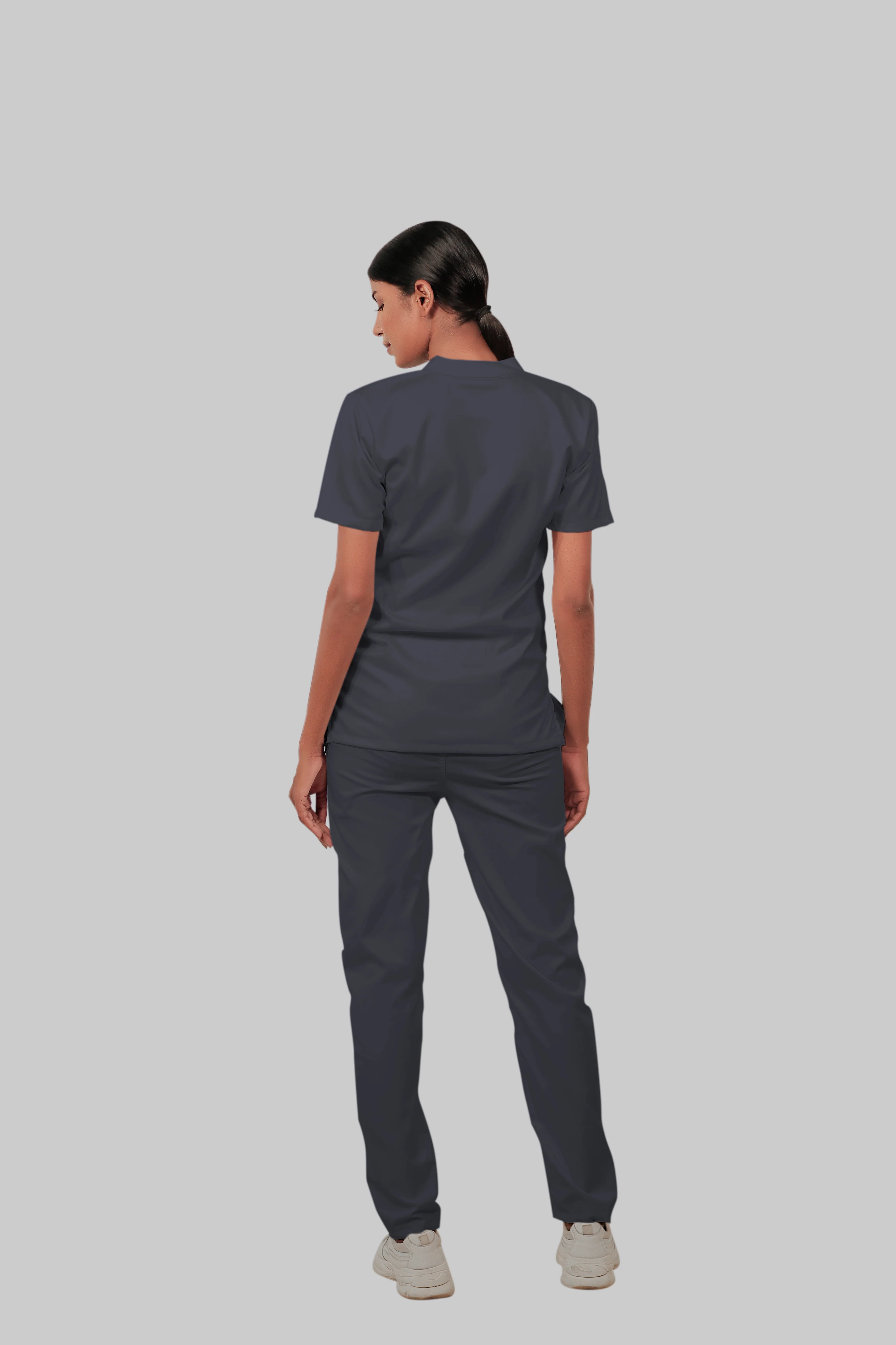 Stretchable (2Way) Women Dark Gray Mandarin Neck With Straight Pant Scrub Set - Image 4