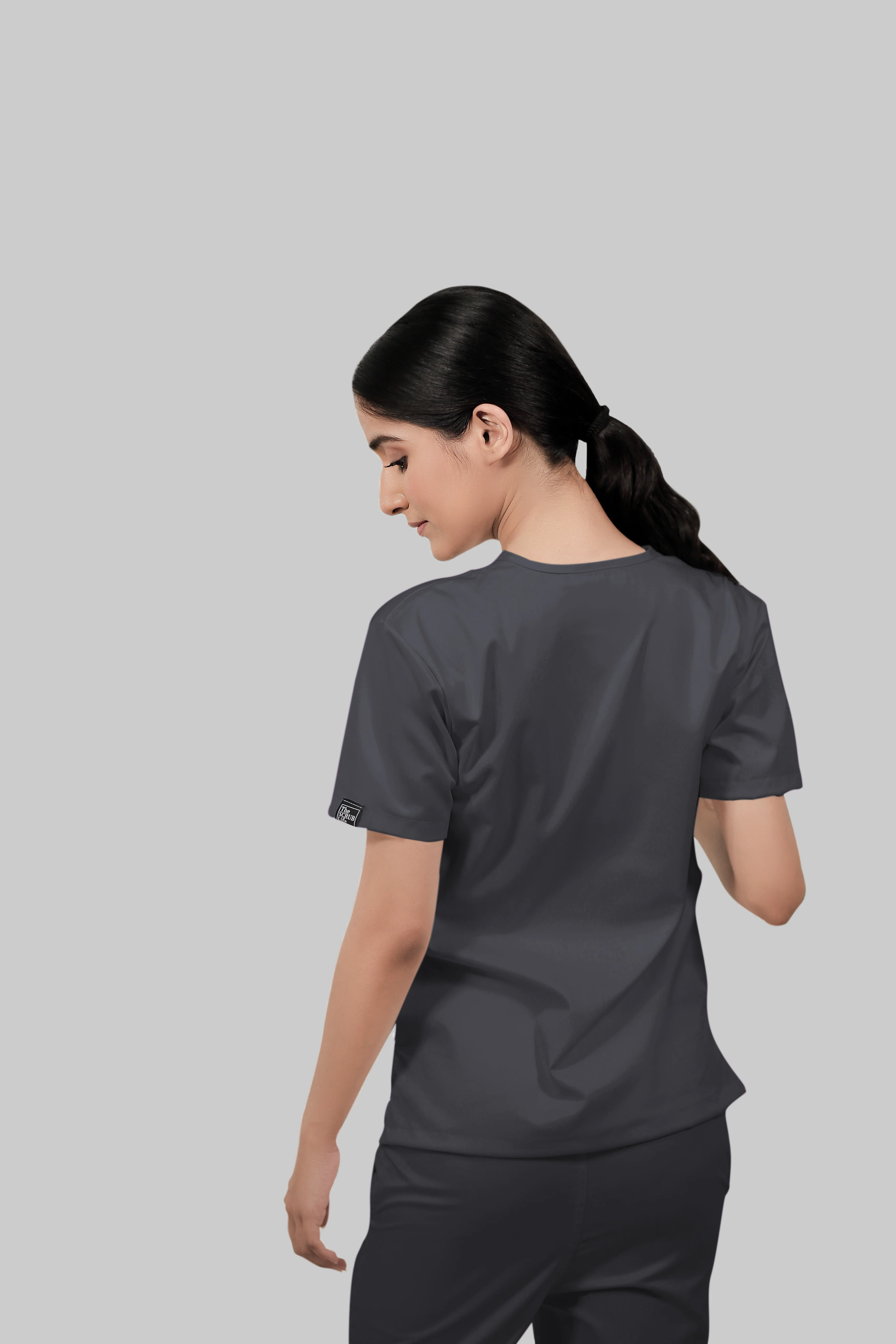 Stretchable (2Way) Women Dark Gray V-Neck With Straight Pant Scrub Set - Image 3