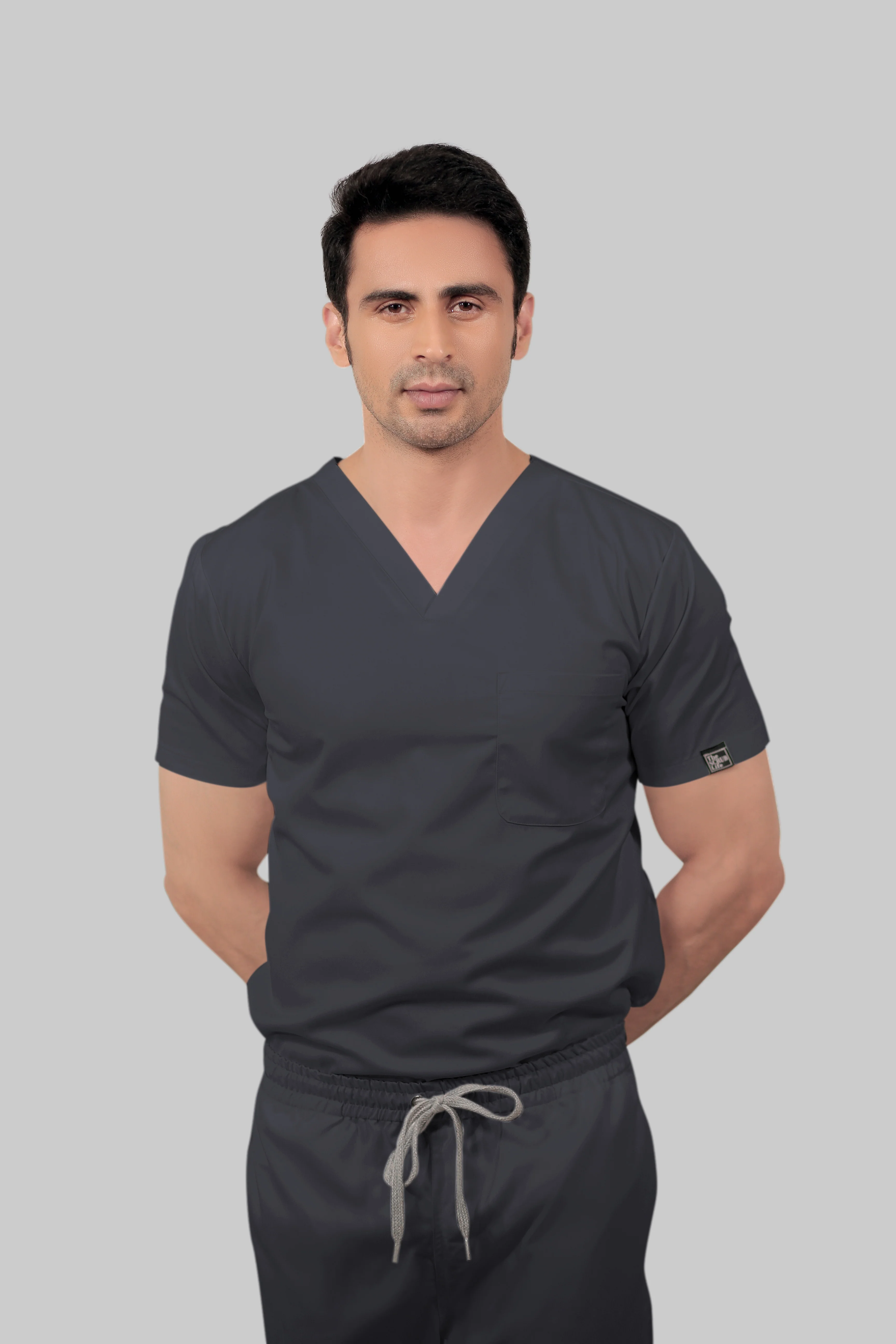 Stretchable (2Way) Men Dark Gray V-Neck With Straight Pant Scrub Set - Image 3