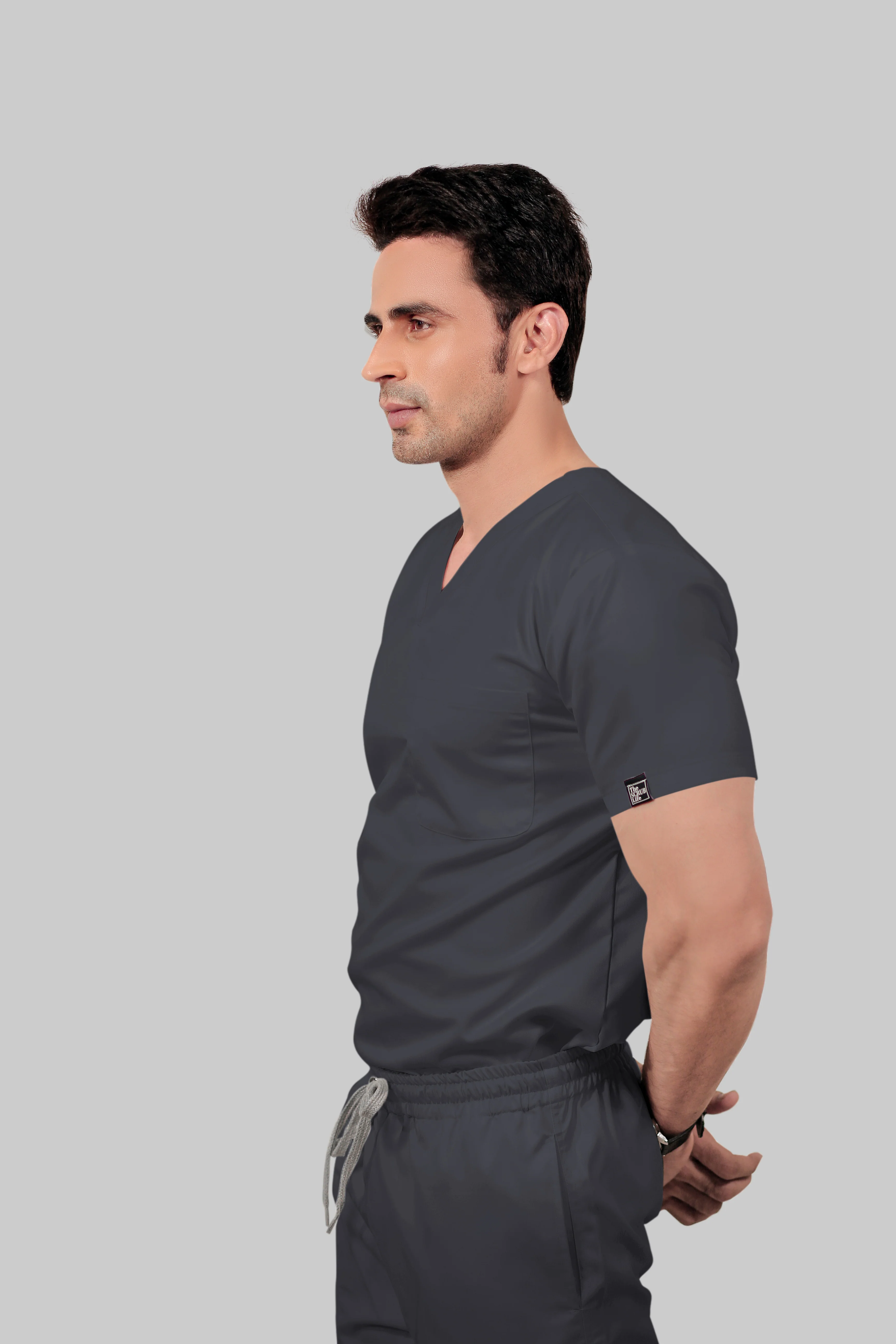 Stretchable (2Way) Men Dark Gray V-Neck With Straight Pant Scrub Set - Image 4