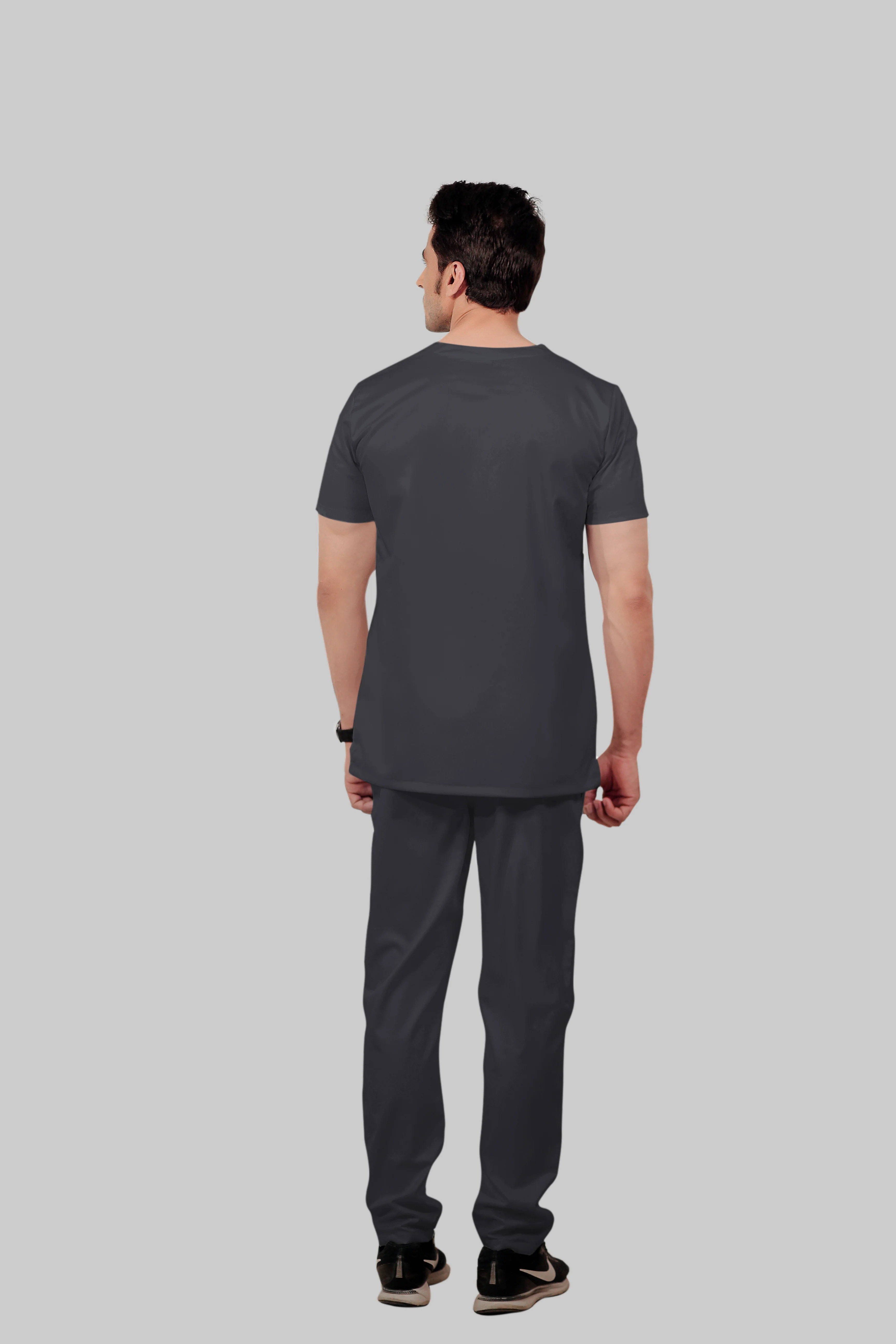 Stretchable (2Way) Men Dark Gray V-Neck With Straight Pant Scrub Set - Image 5