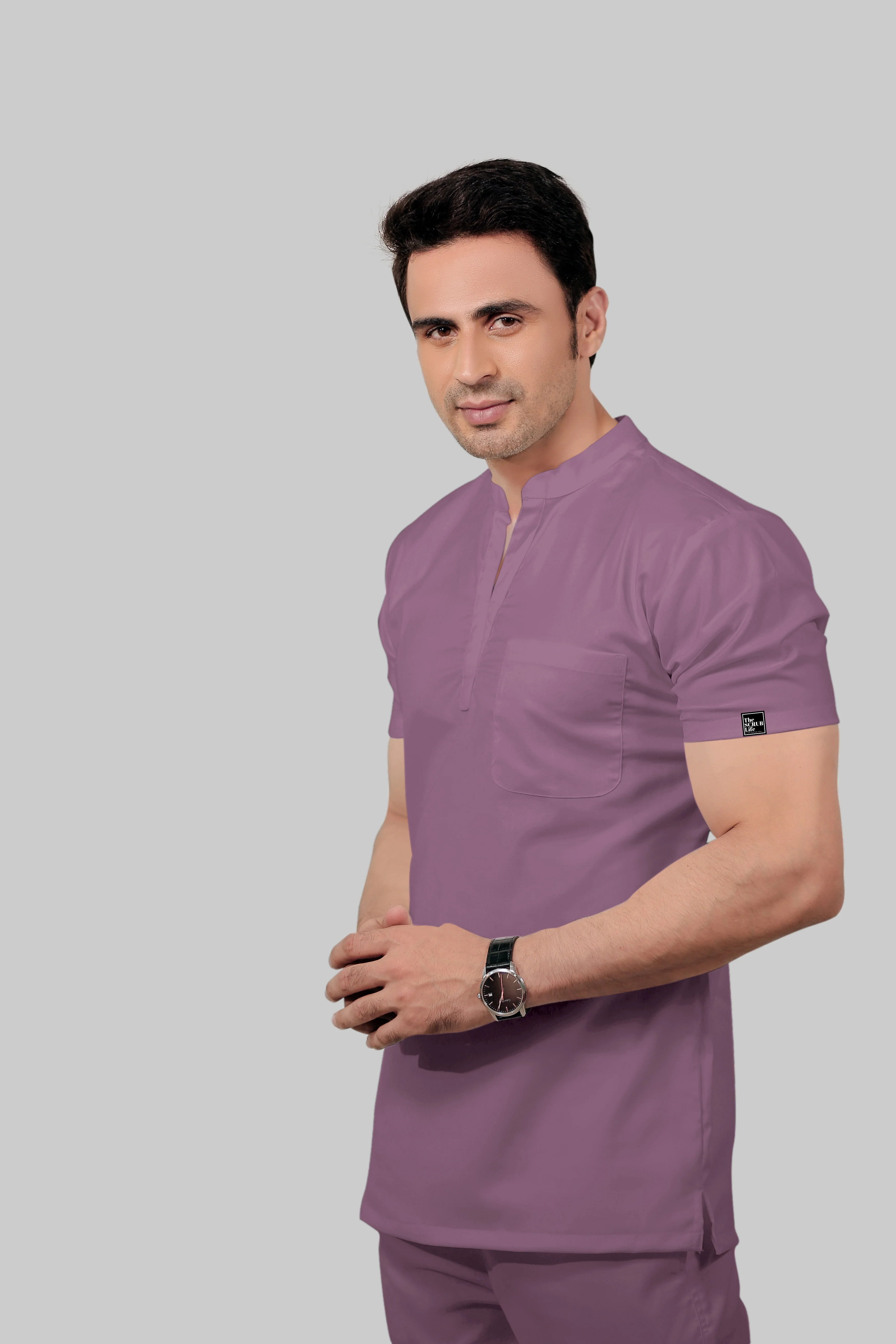 Stretchable (2Way) Men Lilac Mandarin Neck With Jogger Scrub Set - Image 4