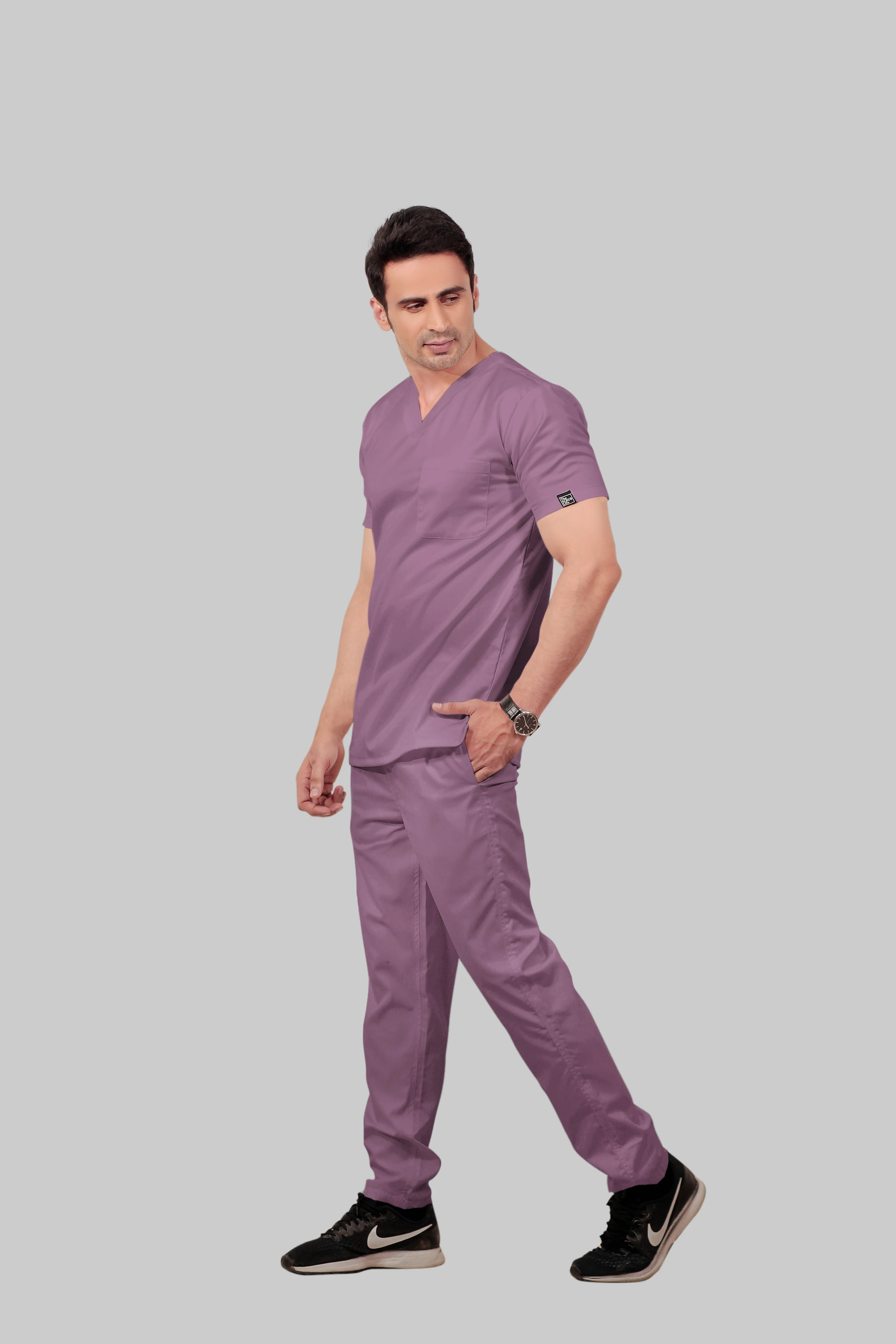 Stretchable (2Way) Men Lilac V-Neck With Straight Pant Scrub Set