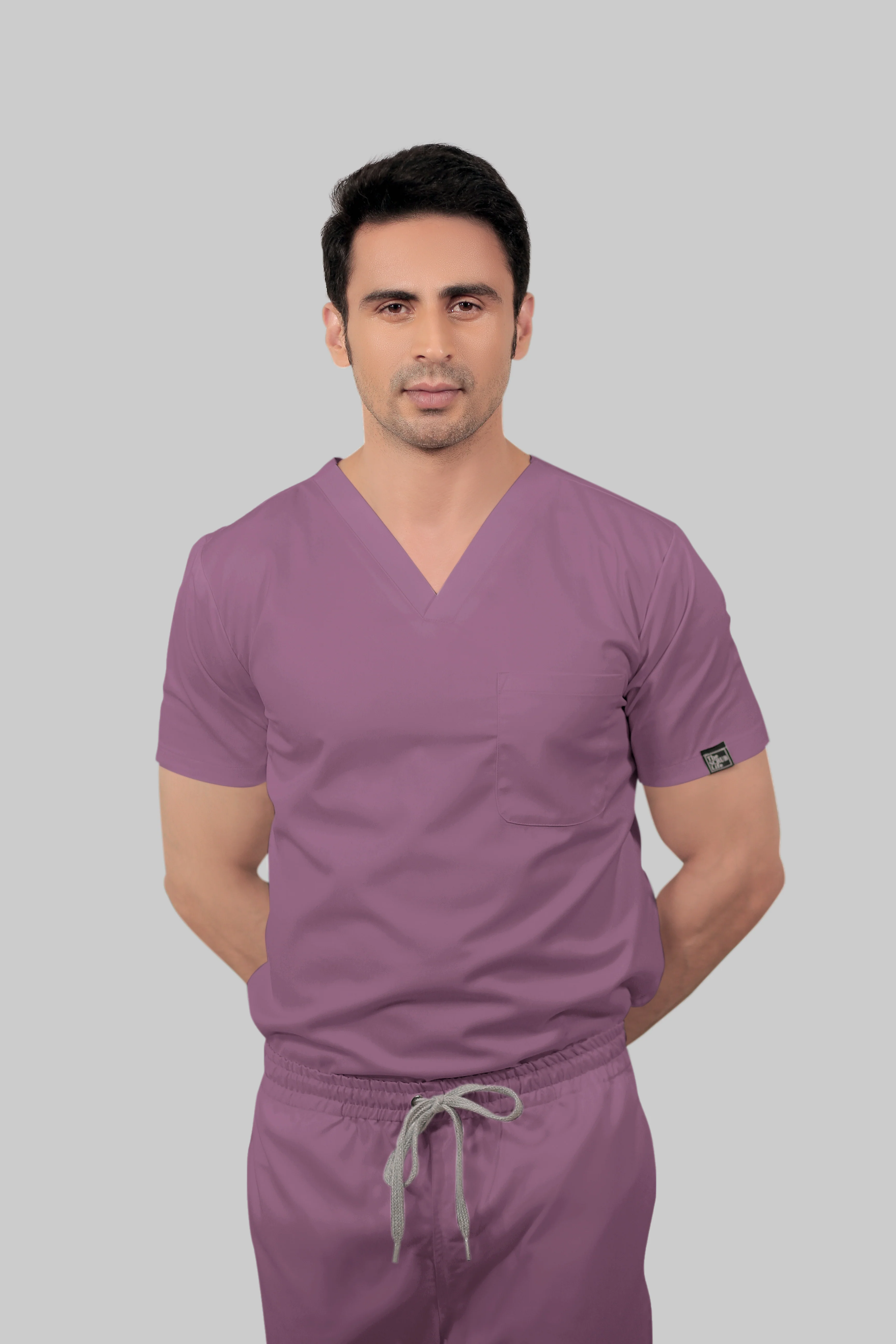 Stretchable (2Way) Men Lilac V-Neck With Straight Pant Scrub Set - Image 3