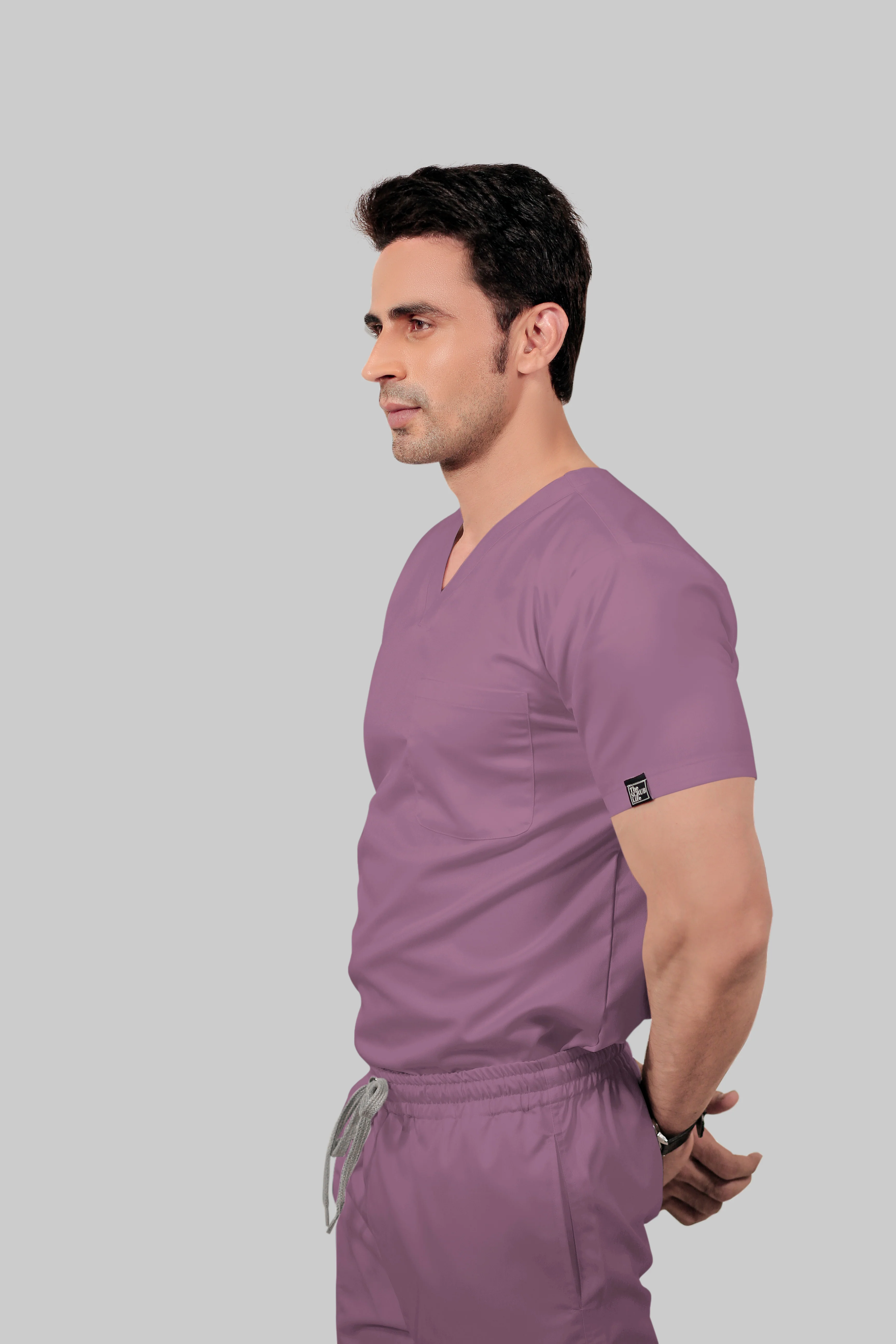 Stretchable (2Way) Men Lilac V-Neck With Straight Pant Scrub Set - Image 4