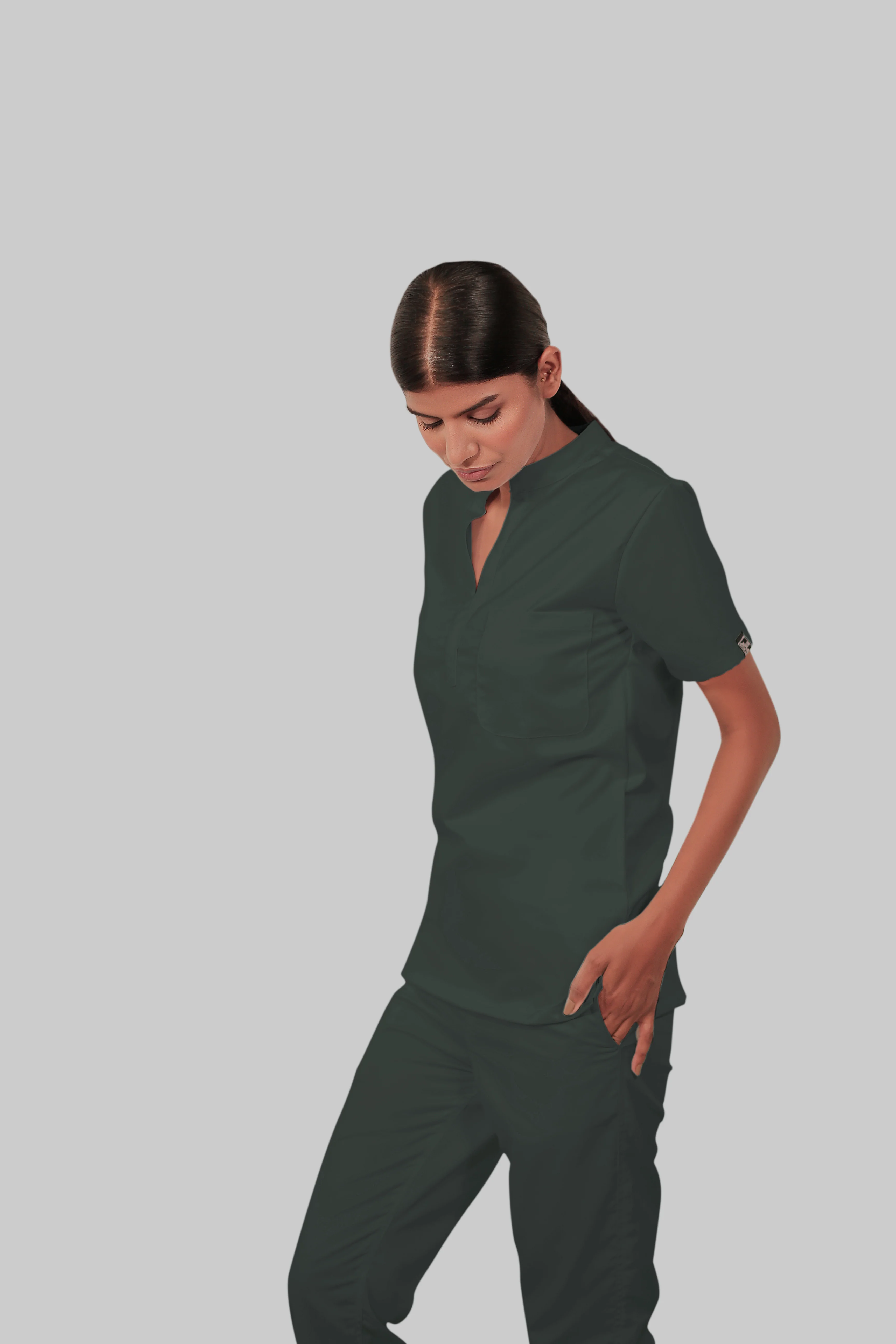 Stretchable (2Way) Women Bottle Green Mandarin Neck Scrub Top - Image 3