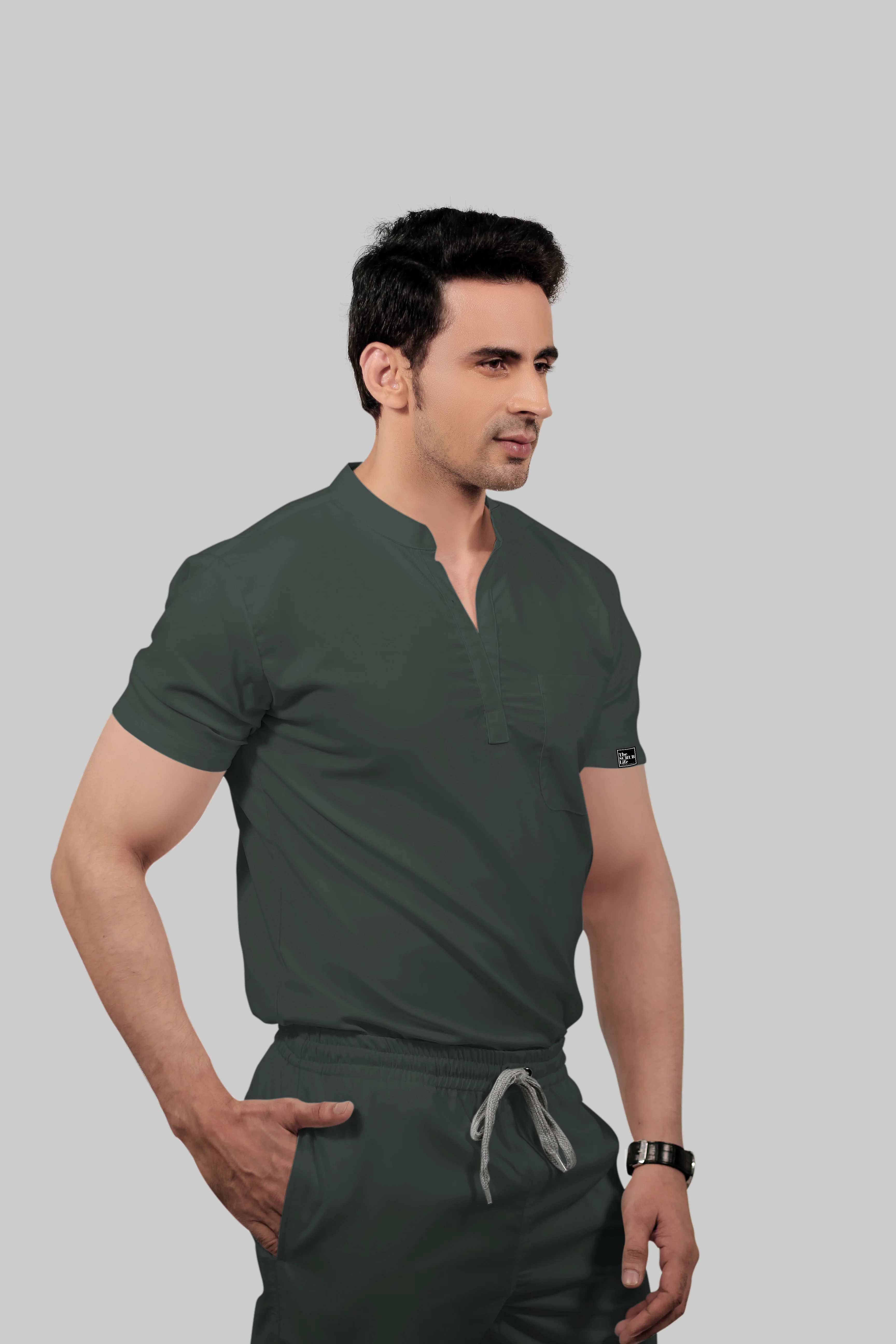 Stretchable (2Way) Men Bottle Green Mandarin Neck Scrub Top - Image 3