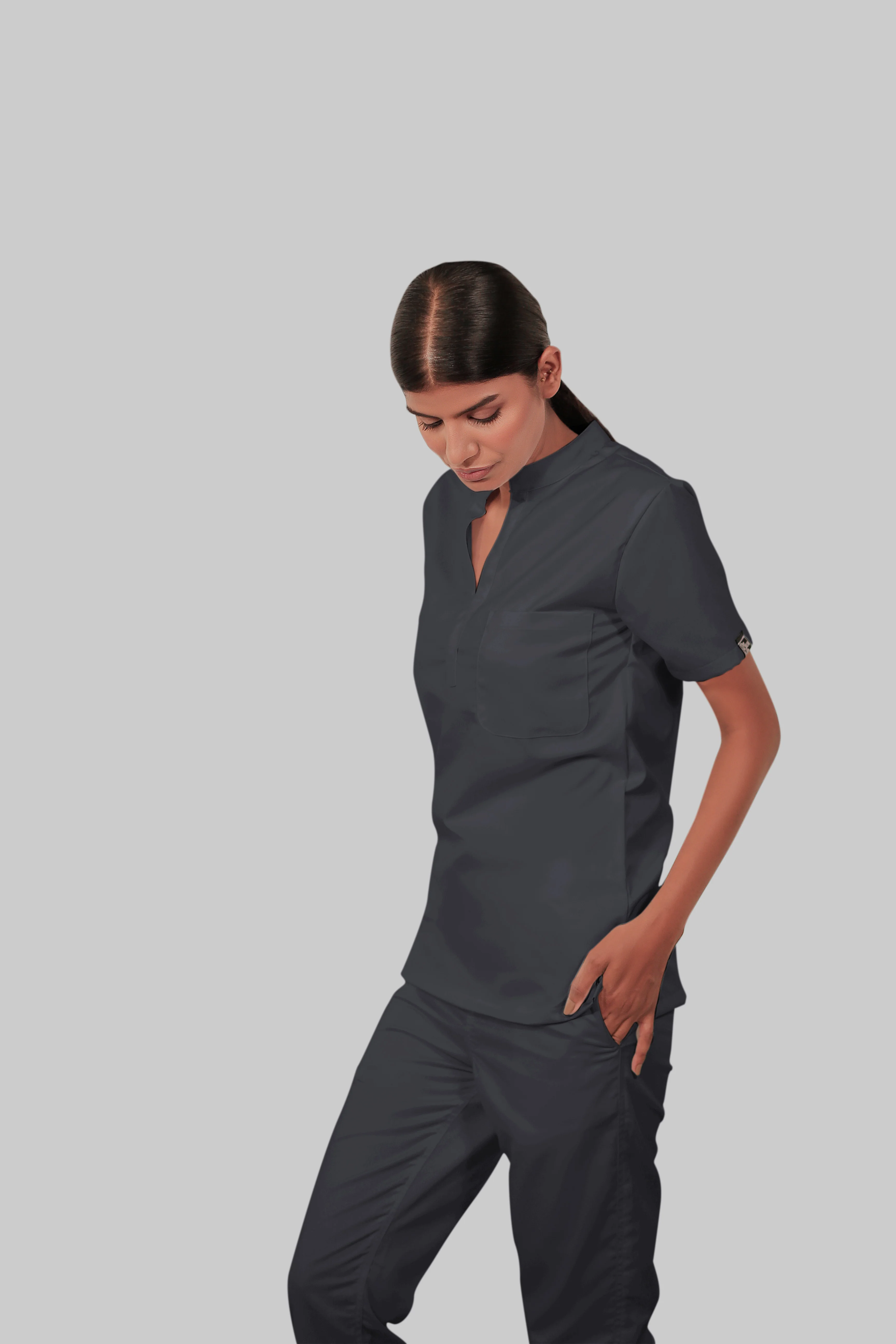Stretchable (2Way) Women Dark Gray Mandarin Neck Scrub Top - Image 3