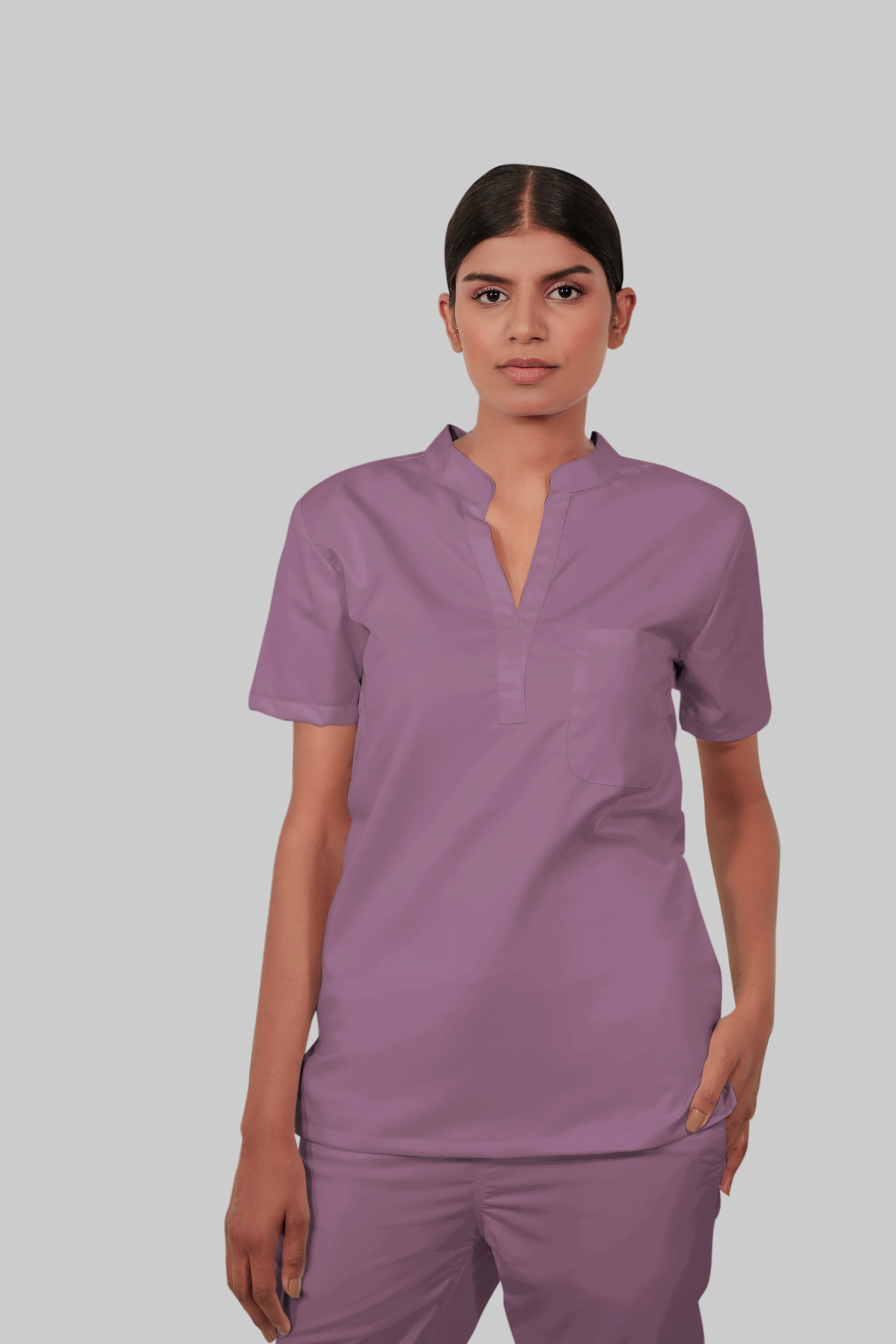 Stretchable (2Way) Women Lilac Mandarin Neck Scrub Top - Image 2