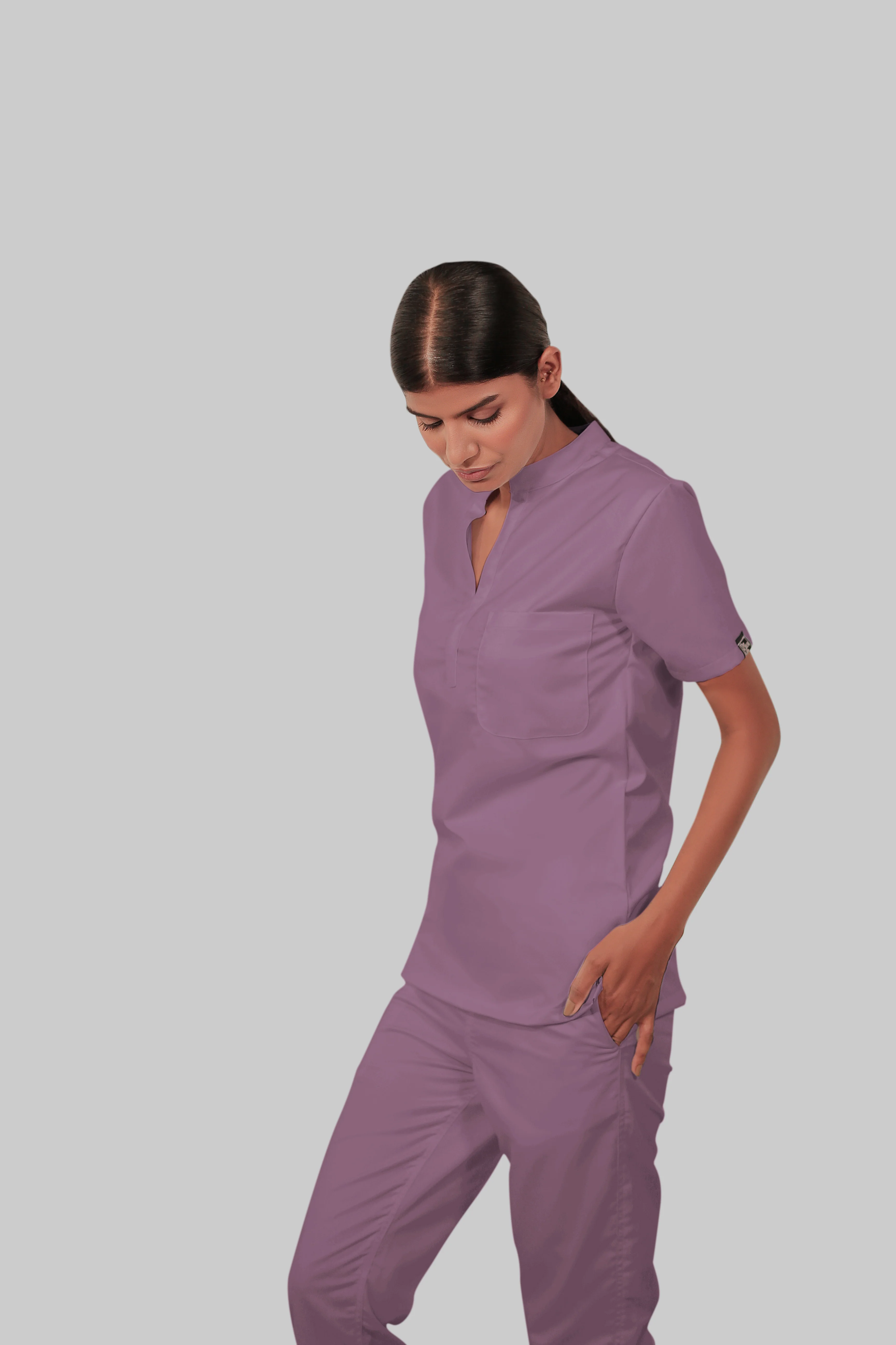 Stretchable (2Way) Women Lilac Mandarin Neck Scrub Top - Image 3