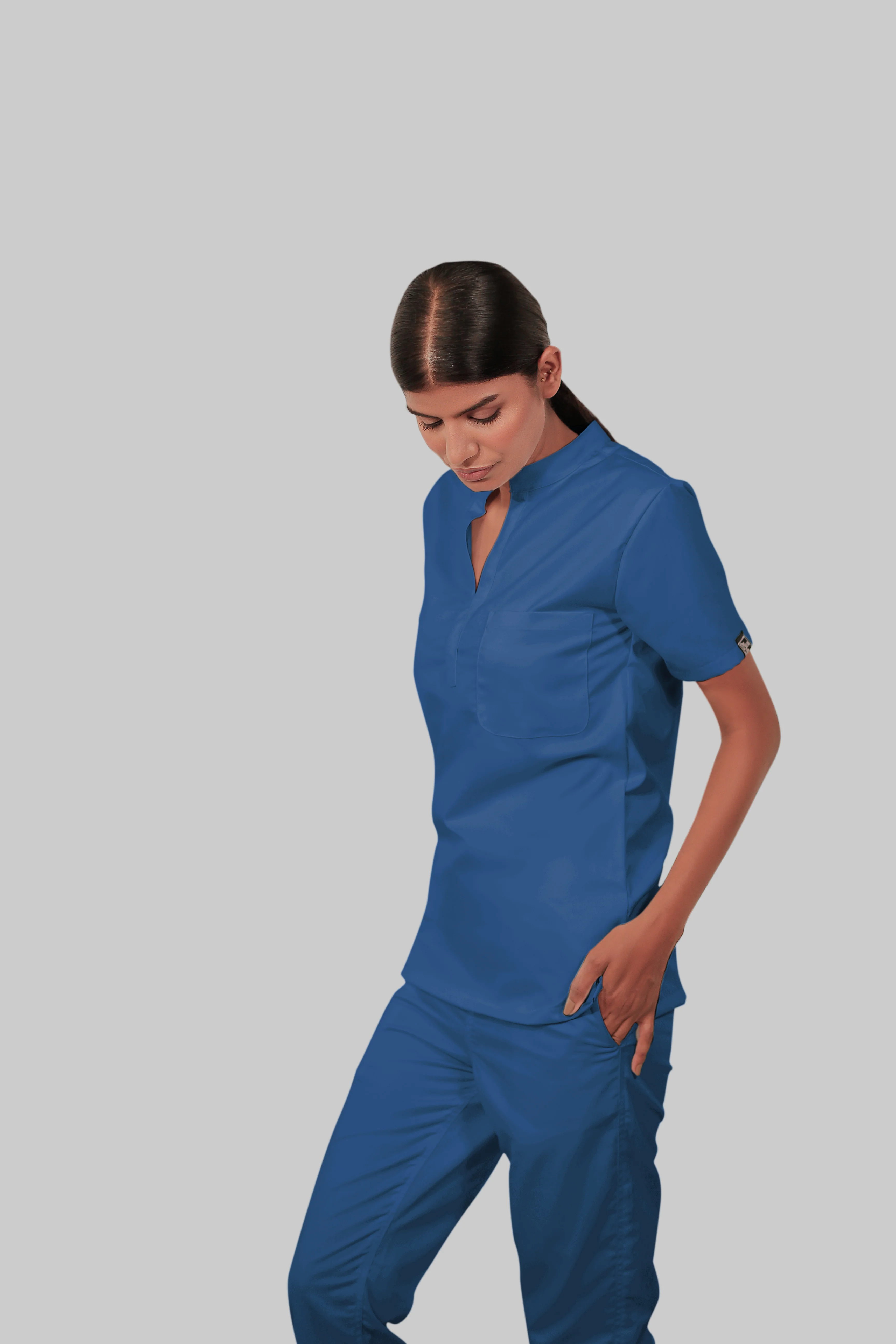 Stretchable (2Way) Women Navy Blue Mandarin Neck Scrub Top - Image 3