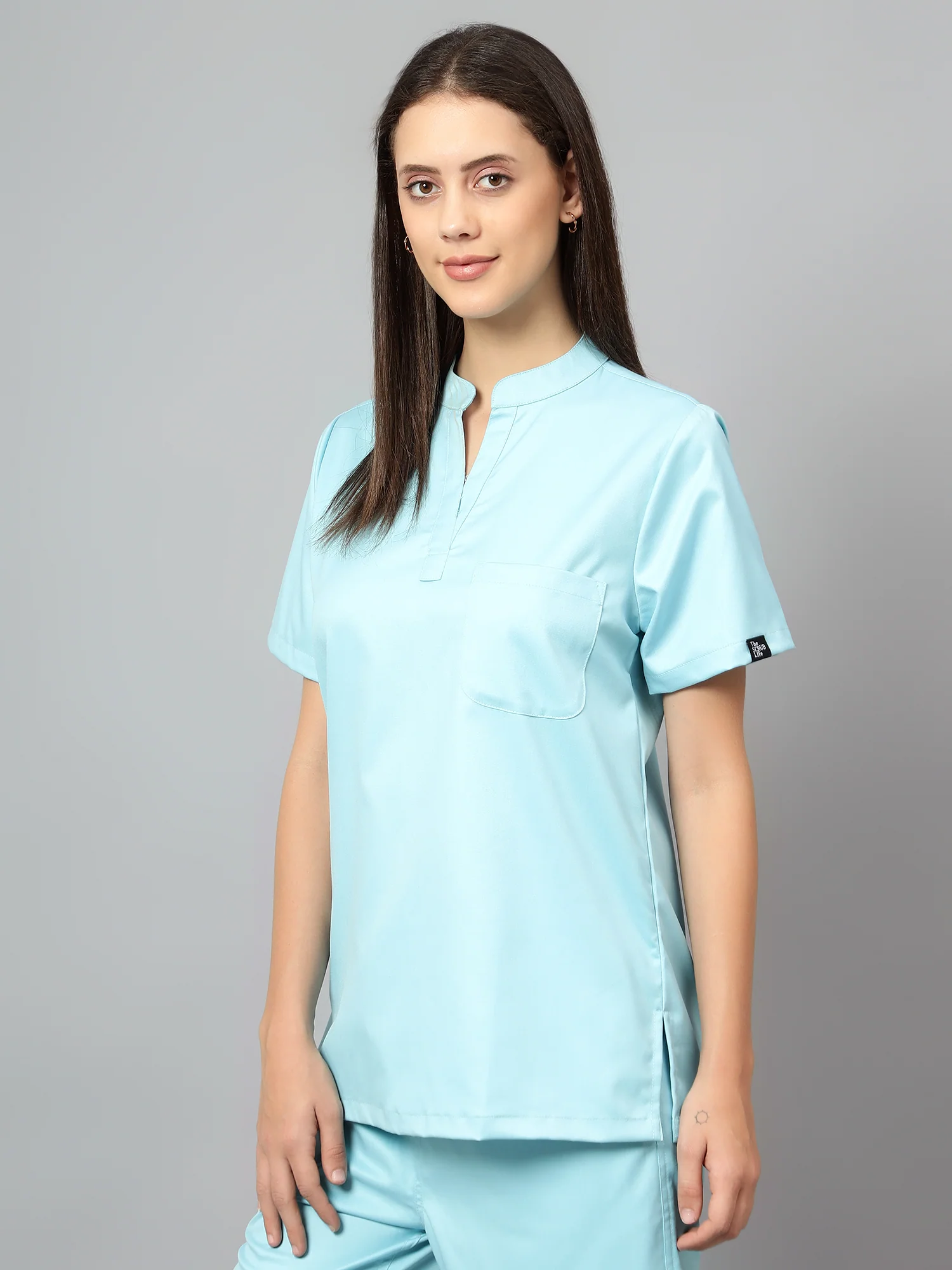 Stretchable (2Way) Women Aqua Blue Mandarin Neck Scrub Top - Image 2