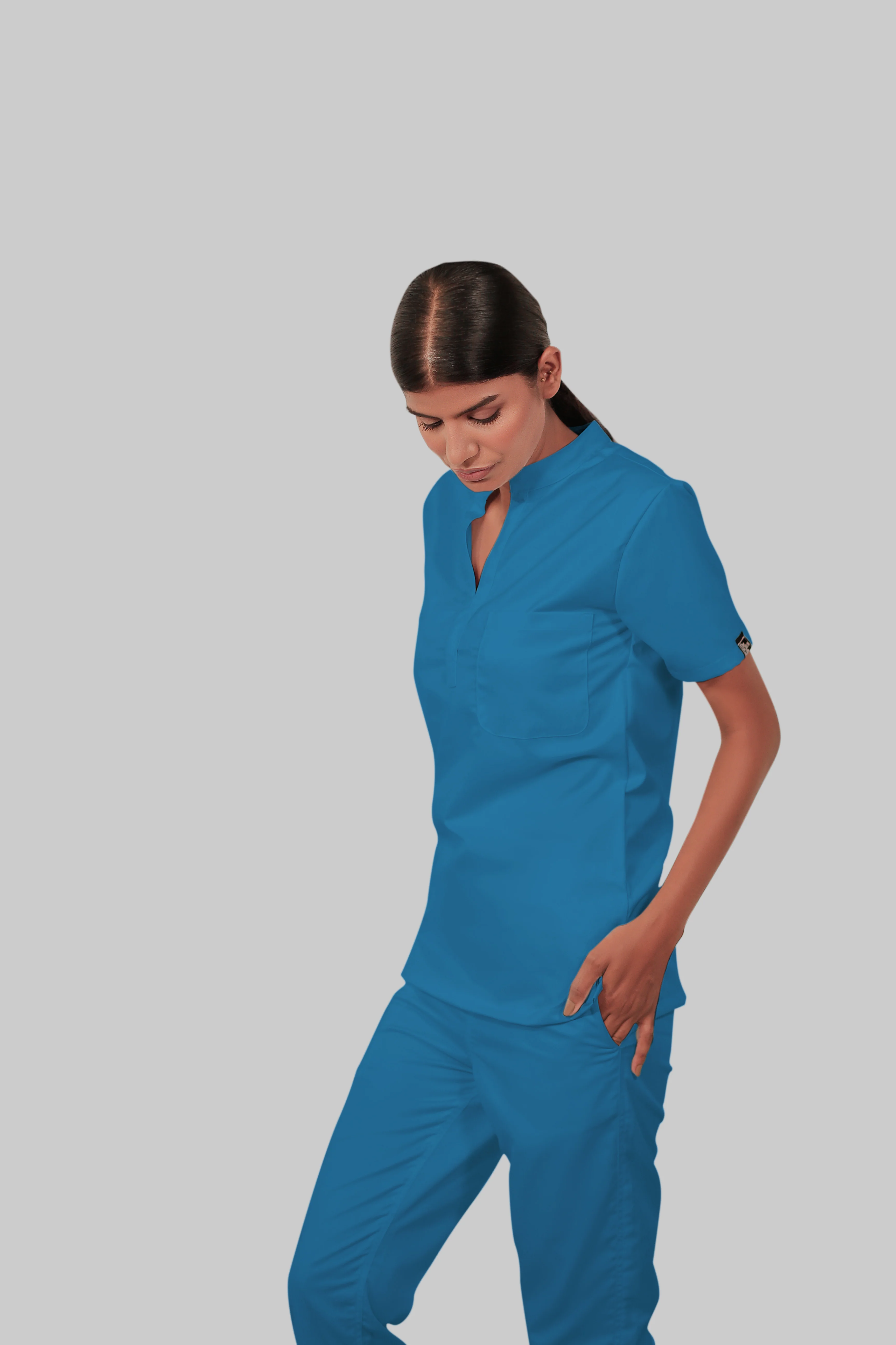 Stretchable (2Way) Women Peacock Blue Mandarin Neck Scrub Top - Image 3