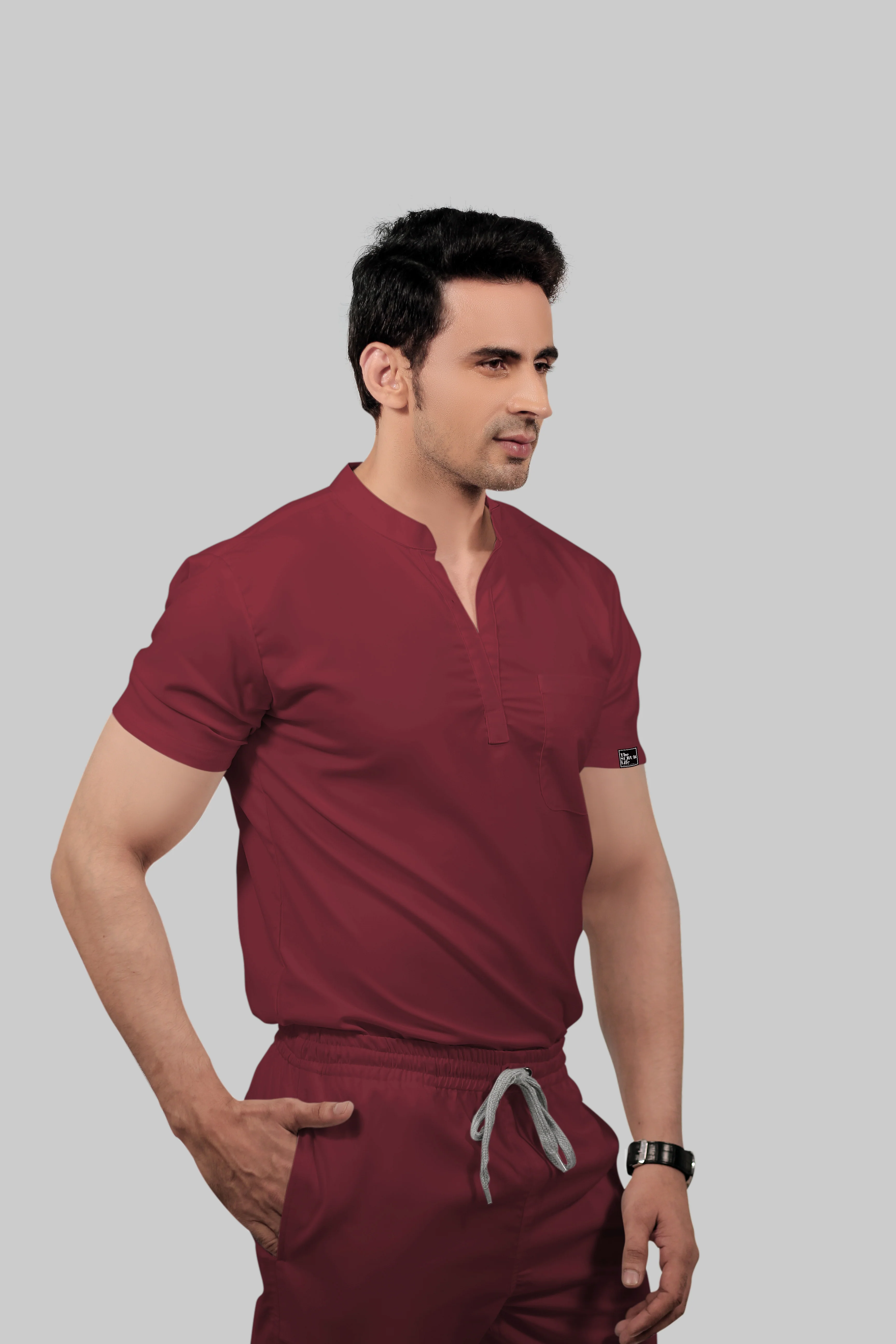Stretchable (2way) Men Maroon Mandarin Neck Scrub Top - Image 3