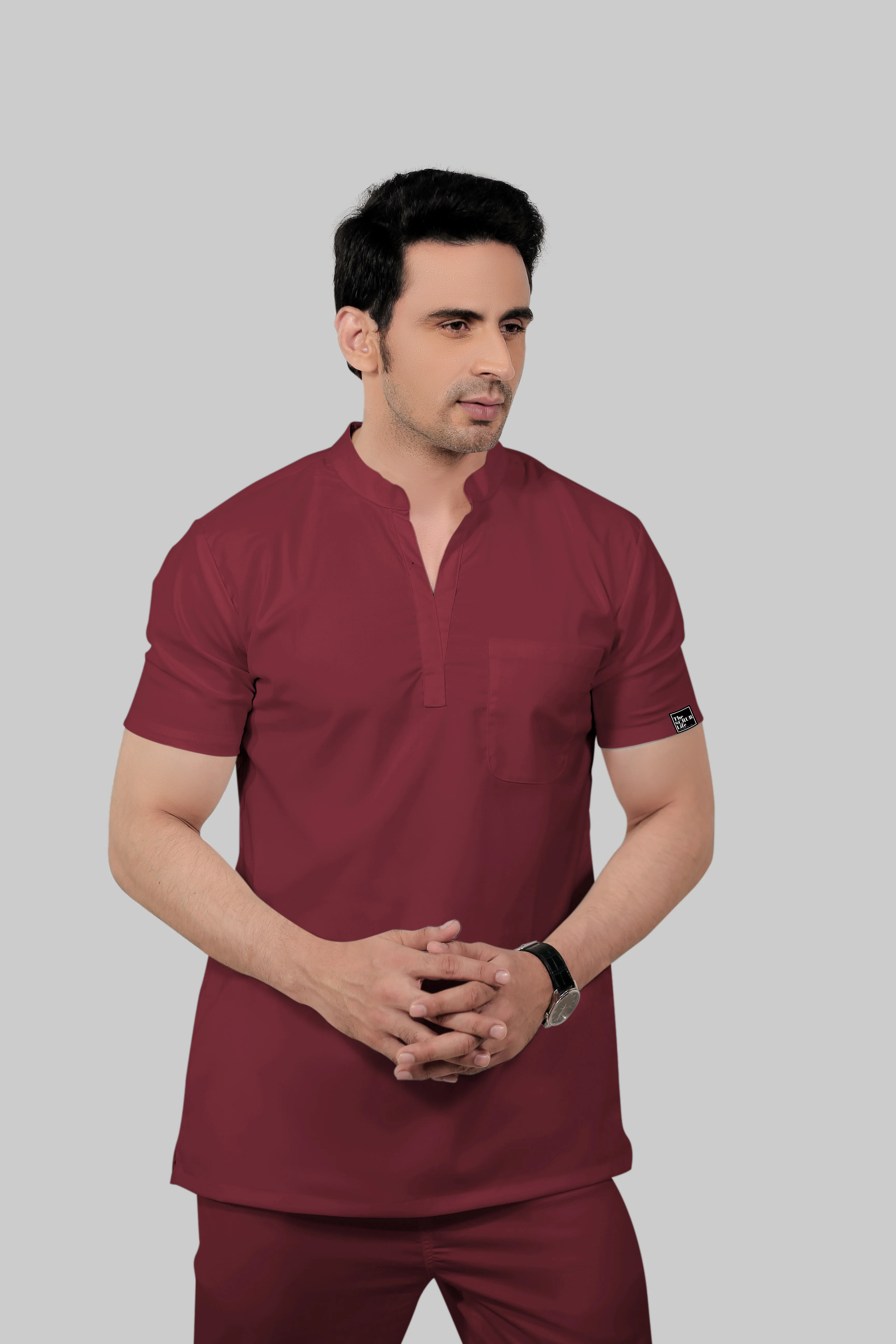 Stretchable (2Way) Men Maroon Mandarin Neck With Jogger Scrub Set - Image 3