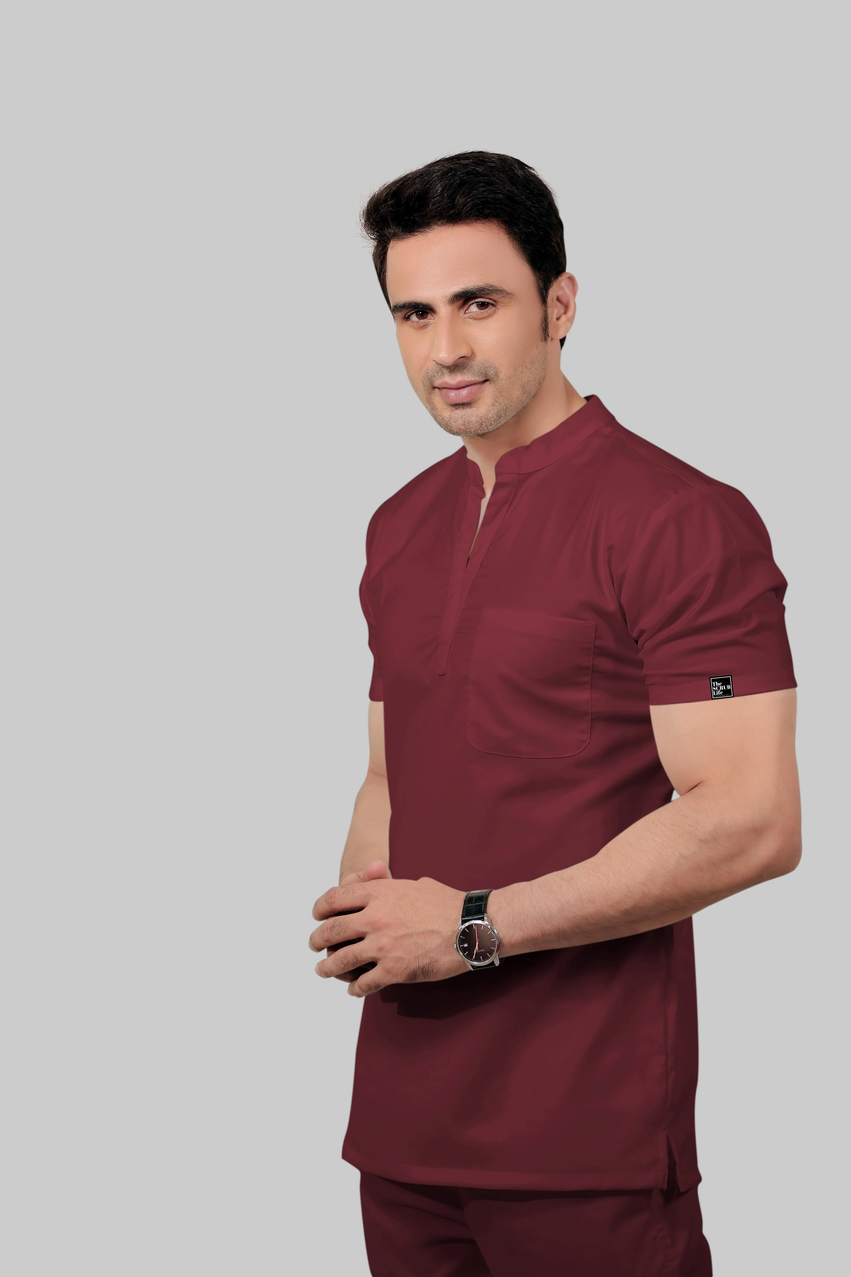 Stretchable (2Way) Men Maroon Mandarin Neck With Straight Pant Scrub Set - Image 3