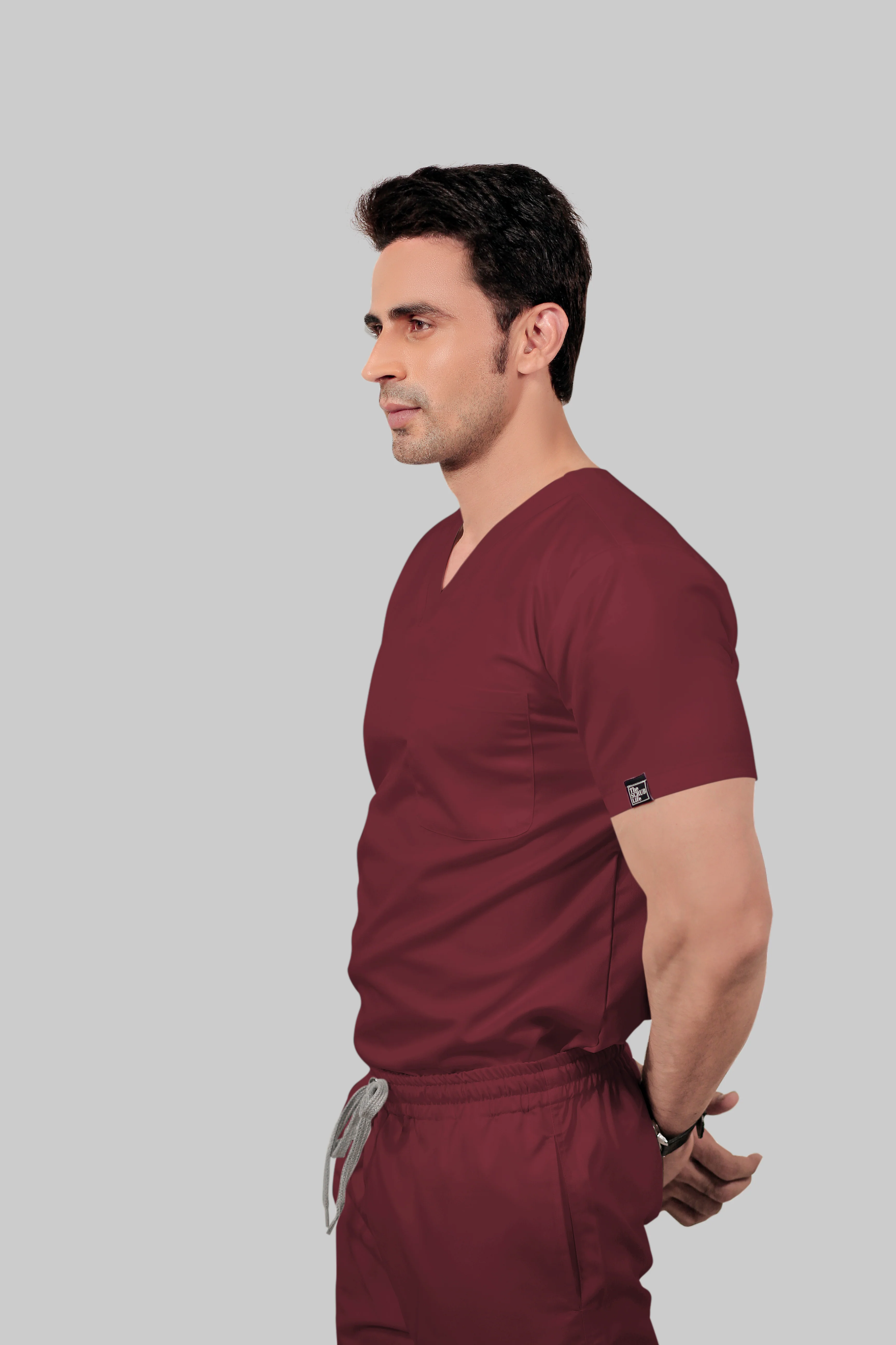 Stretchable (2Way) Men Maroon V-Neck With Jogger Scrub Set - Image 3
