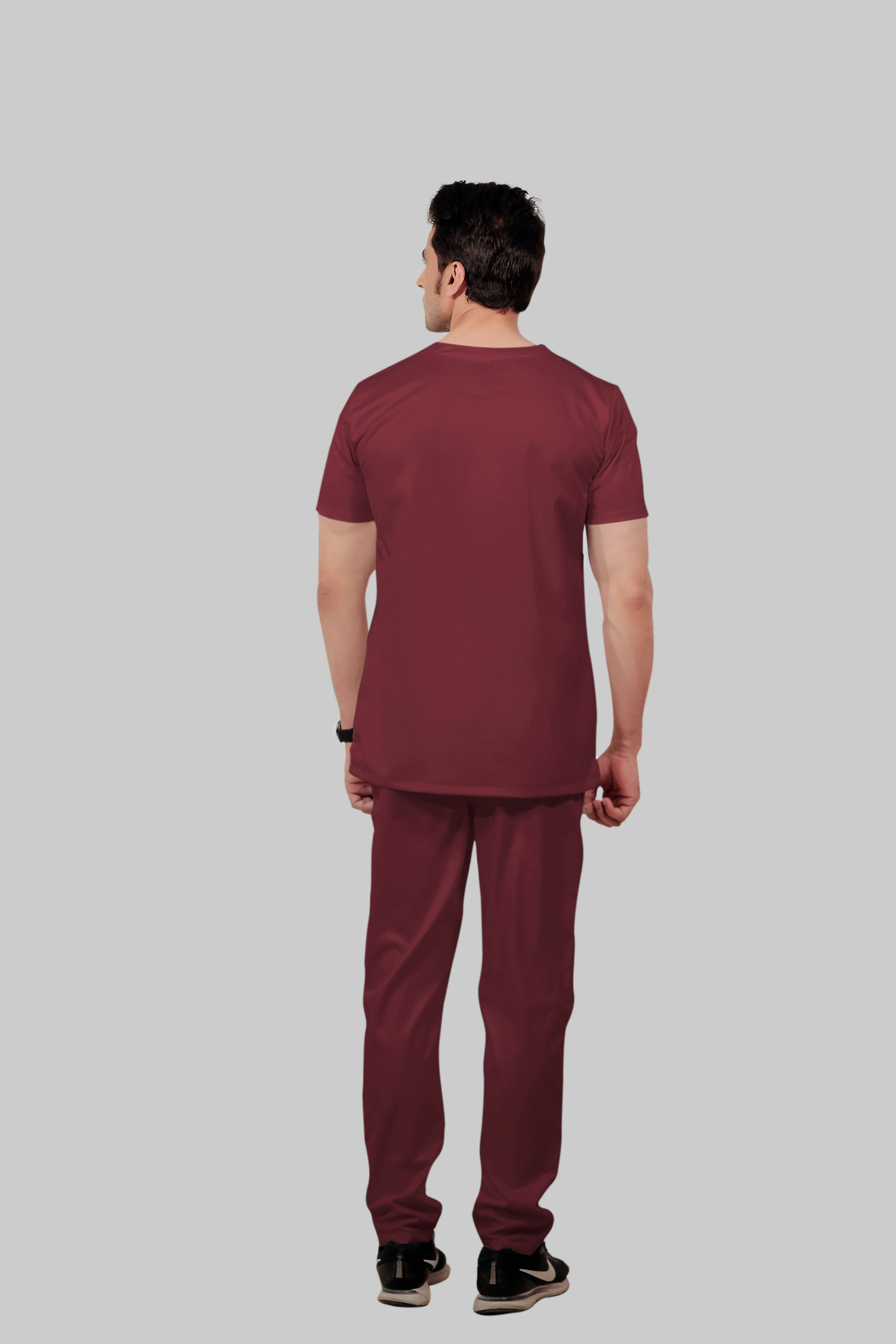 Stretchable (2Way) Men Maroon V-Neck With Straight Pant Scrub Set - Image 5