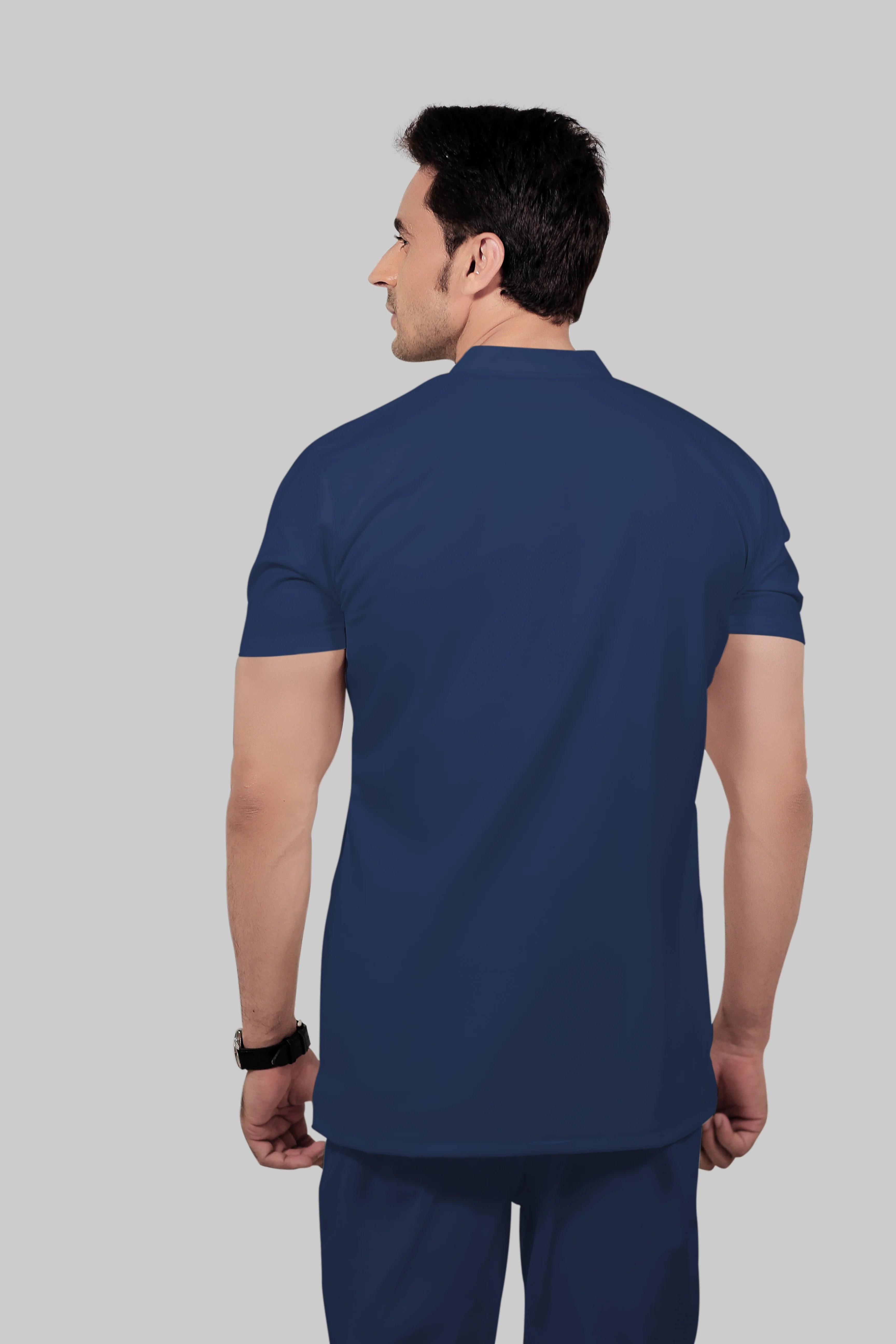 Stretchable (2Way) Men Navy Blue Mandarin Neck With Straight Pant Scrub Set - Image 4