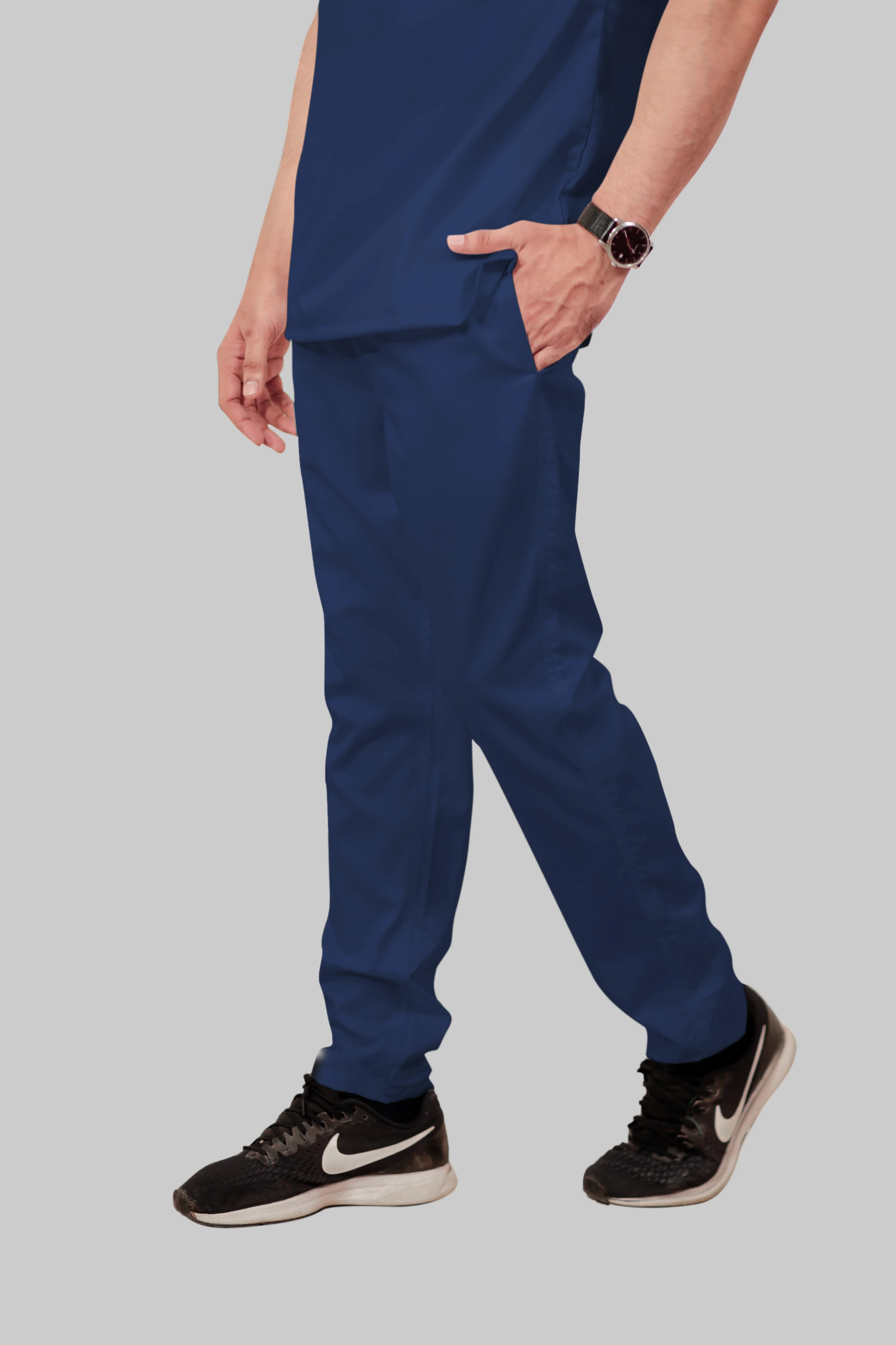 Stretchable (2Way) Men Navy Blue Mandarin Neck With Straight Pant Scrub Set - Image 5