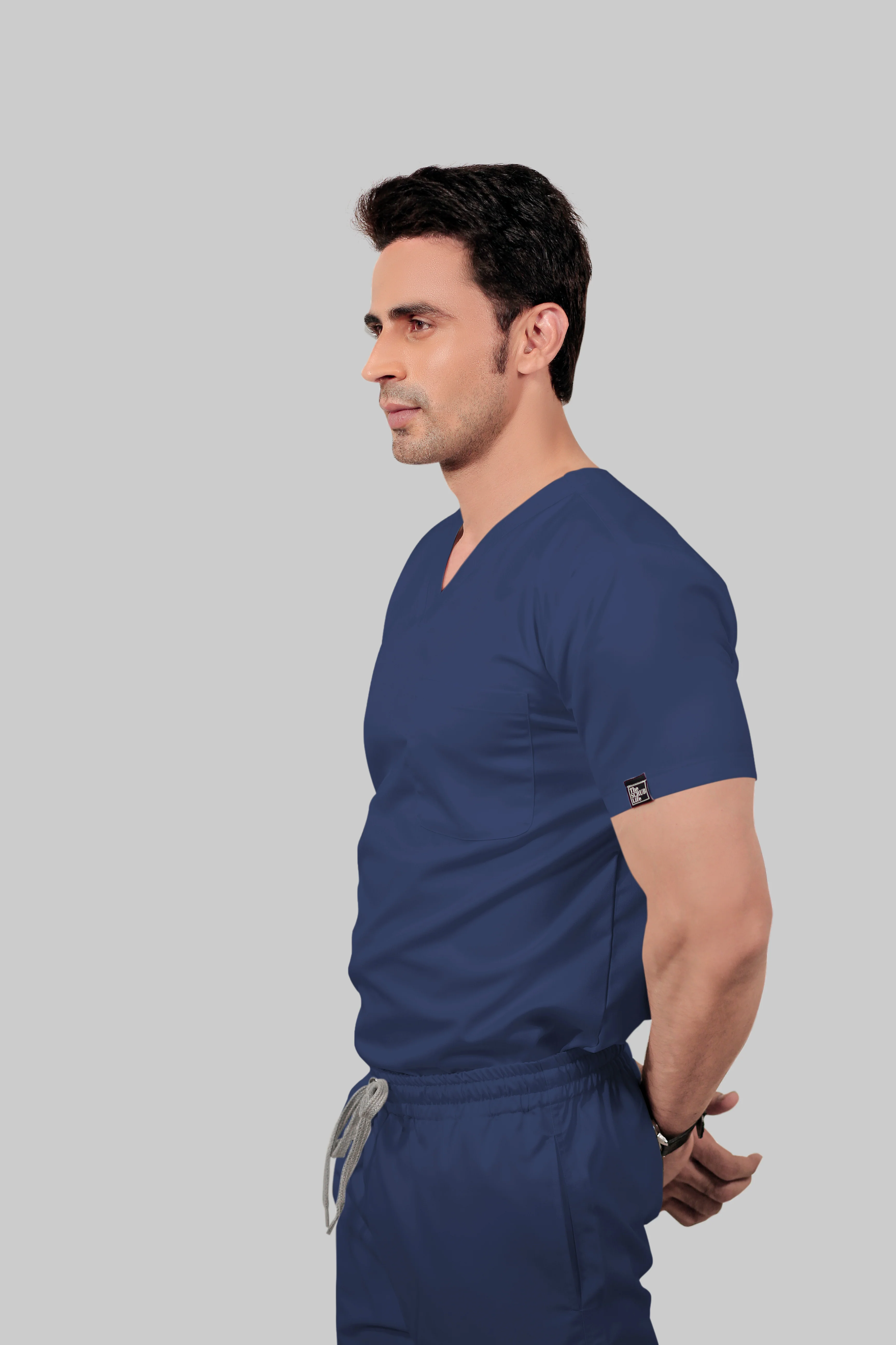 Stretchable (2Way) Men Navy Blue V-Neck With Straight Pant Scrub Set - Image 4
