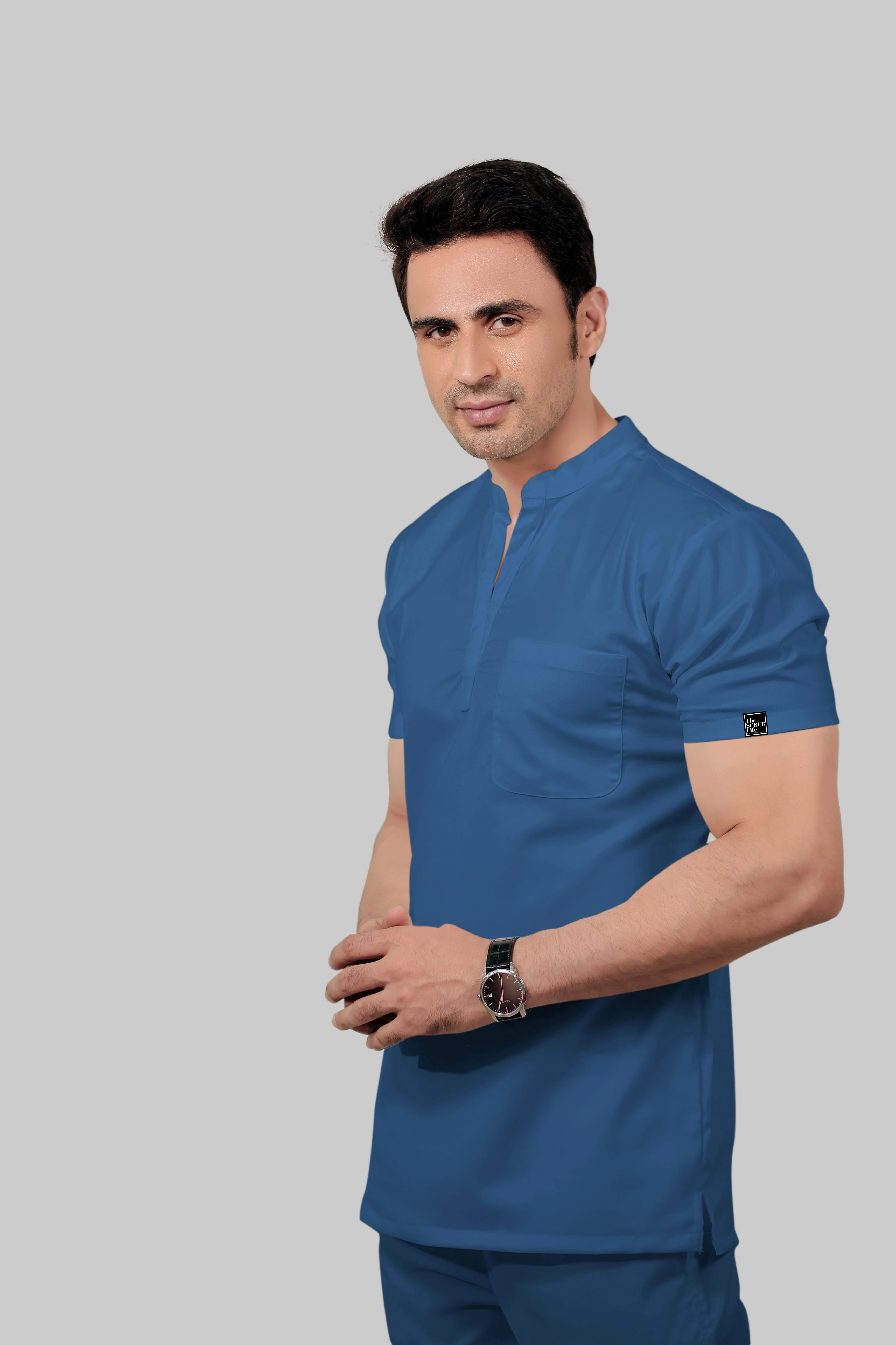 Stretchable (2Way) Men Steel Blue Mandarin Neck With Jogger Scrub Set - Image 4