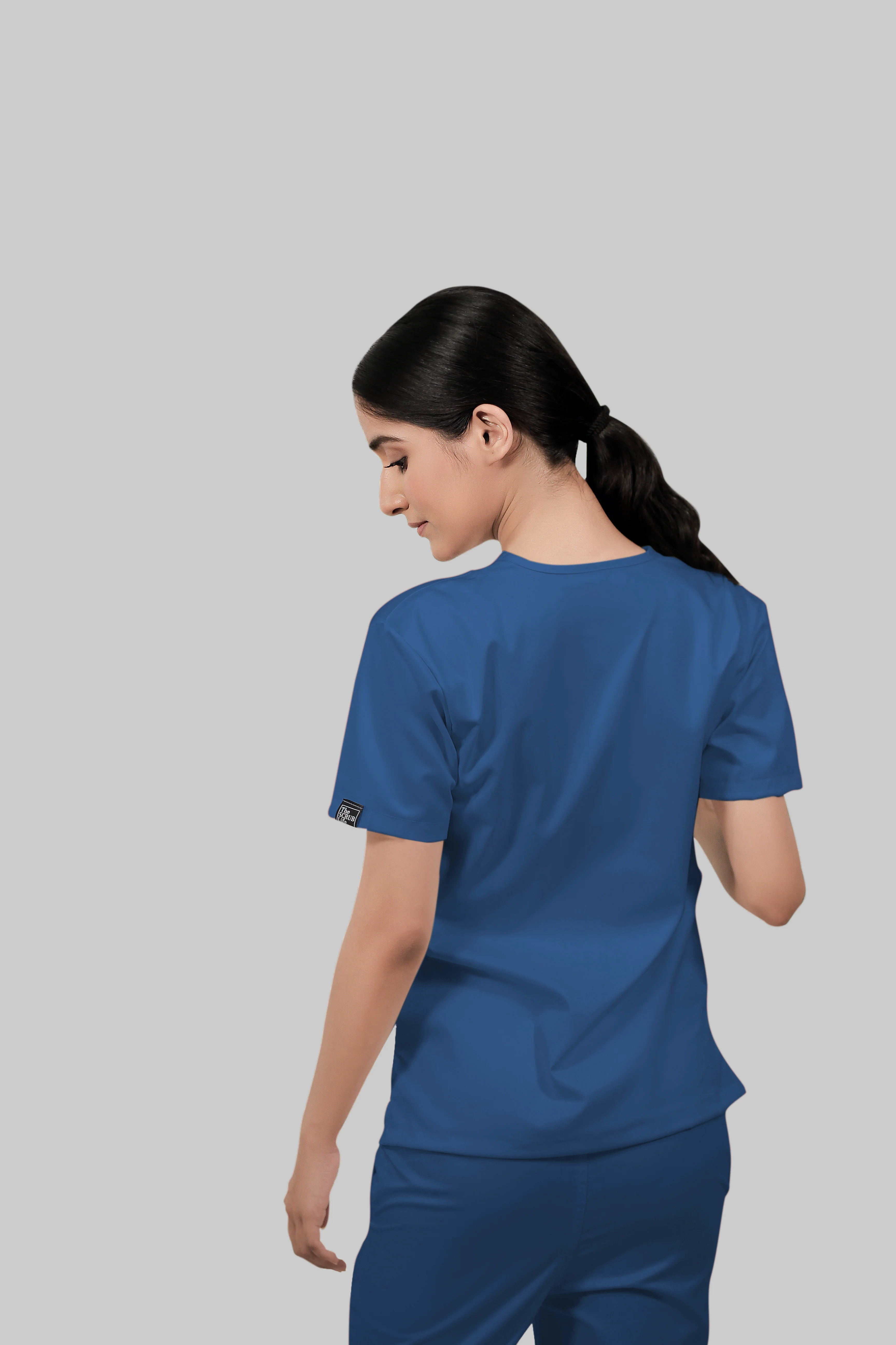 Stretchable (2Way) Women Steel Blue V-Neck With Straight Pant Scrub Set - Image 3
