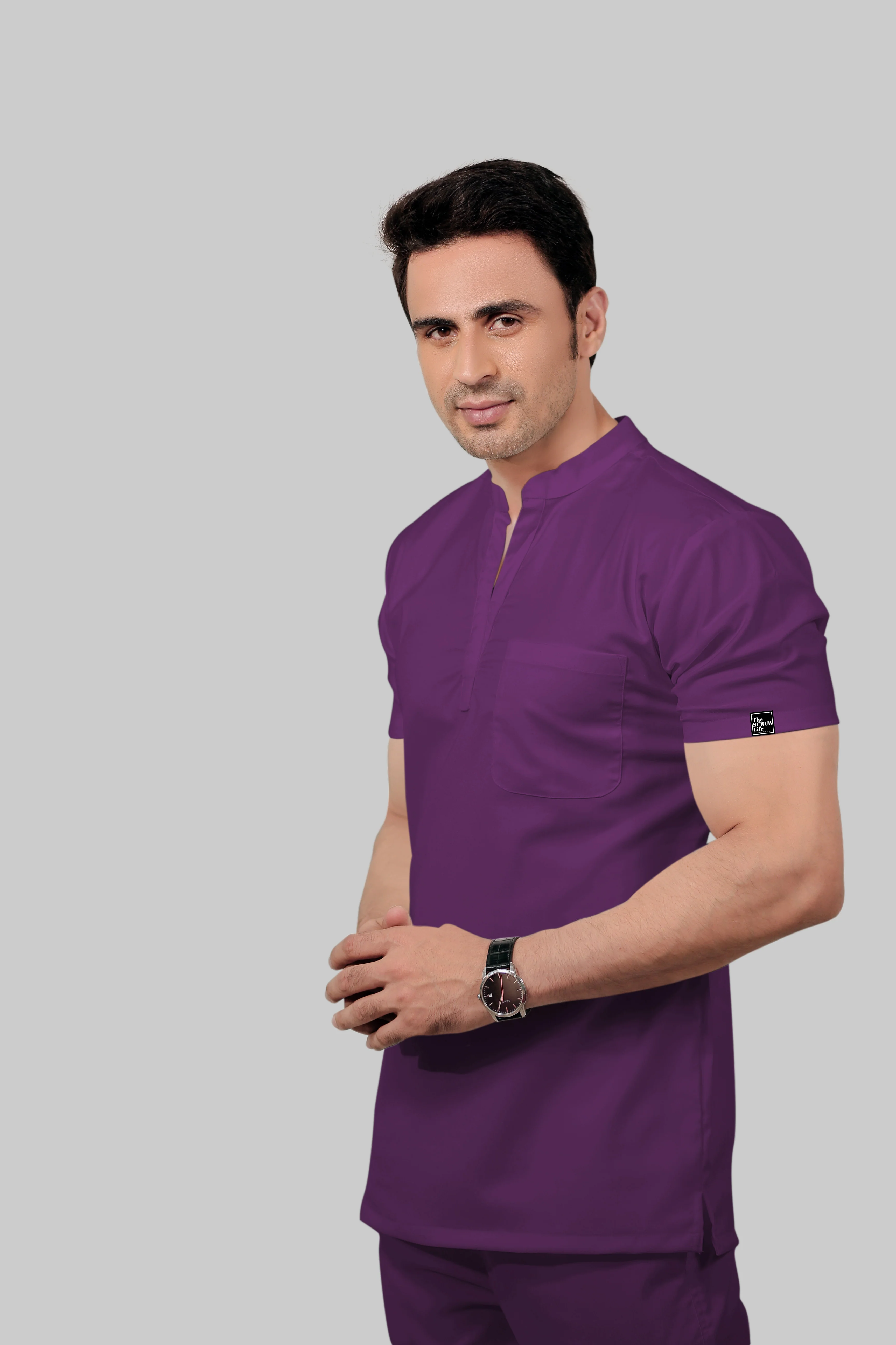 Stretchable (2Way) Men Purple Mandarin Neck With Jogger Scrub Set - Image 4
