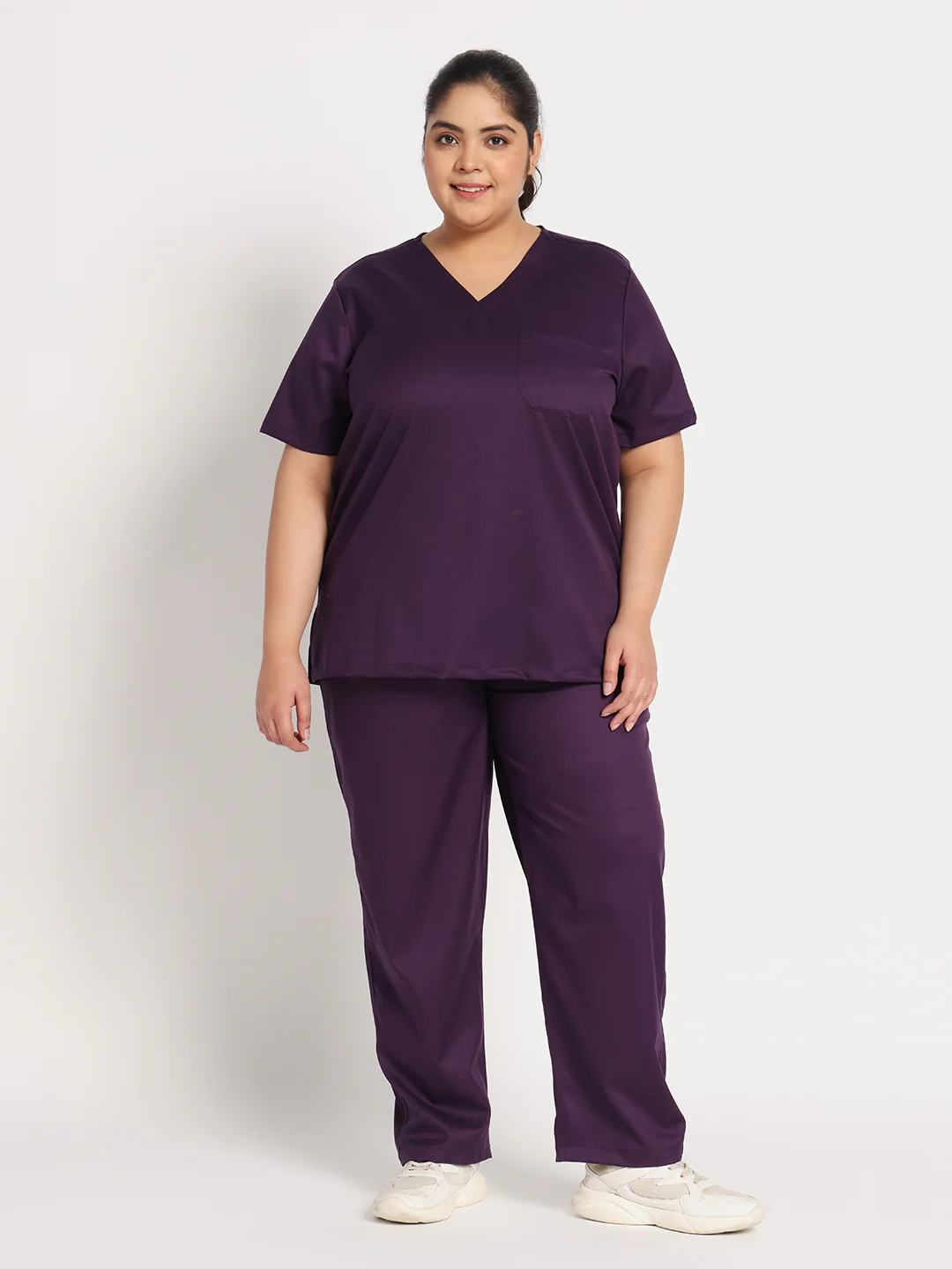 Stretchable (2Way) Women Purple V-Neck With Straight Pant Scrub Set - Image 3