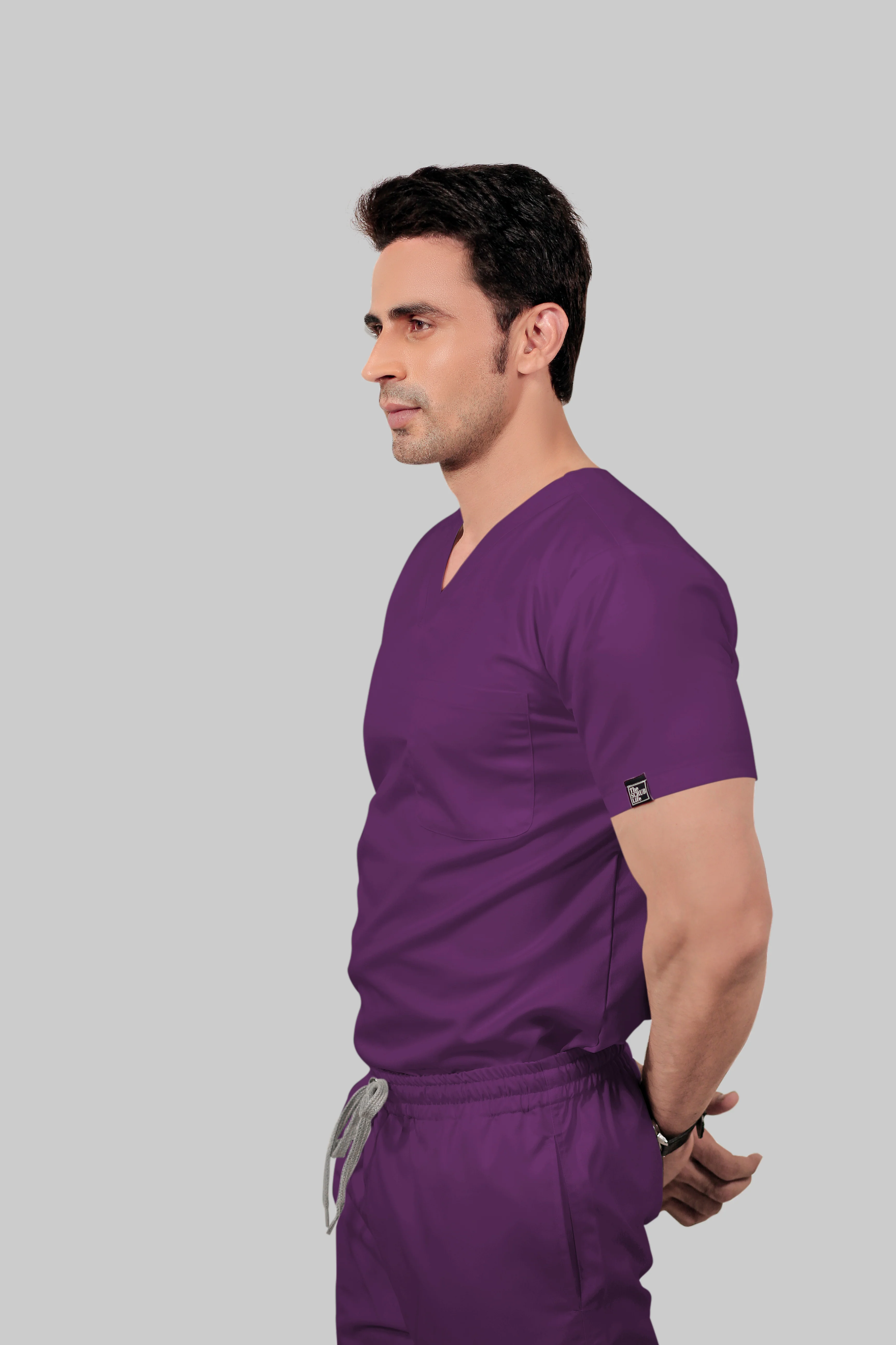 Stretchable (2Way) Men Purple V-Neck With Straight Pant Scrub Set - Image 4