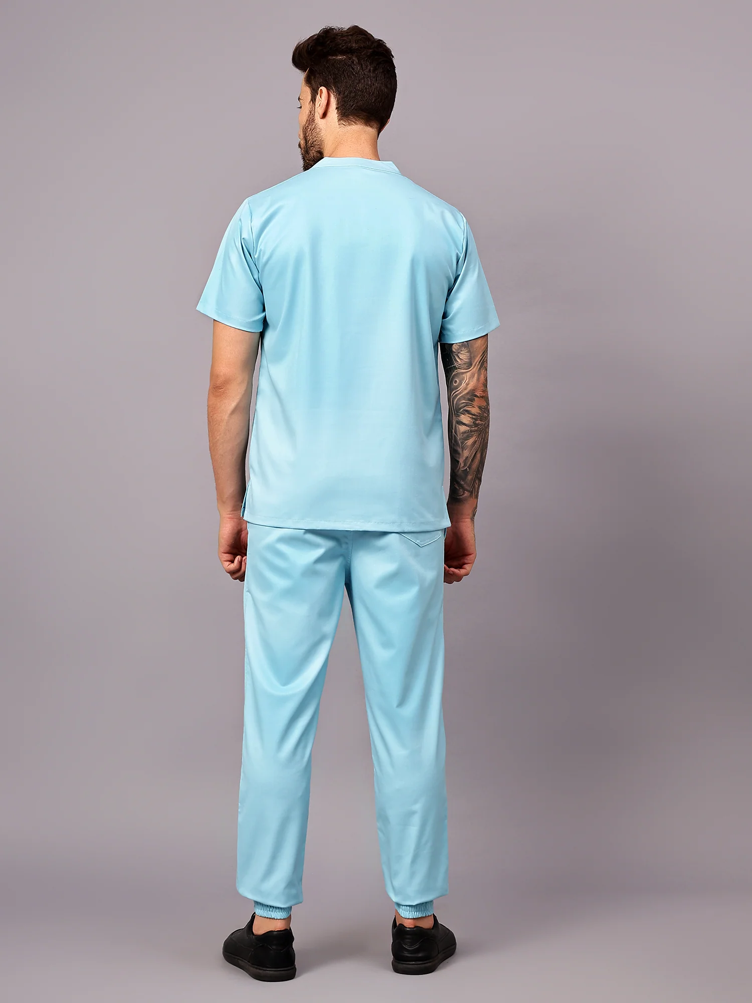 Stretchable (2Way) Men Aqua Blue Mandarin Neck With Jogger Scrub Set - Image 5