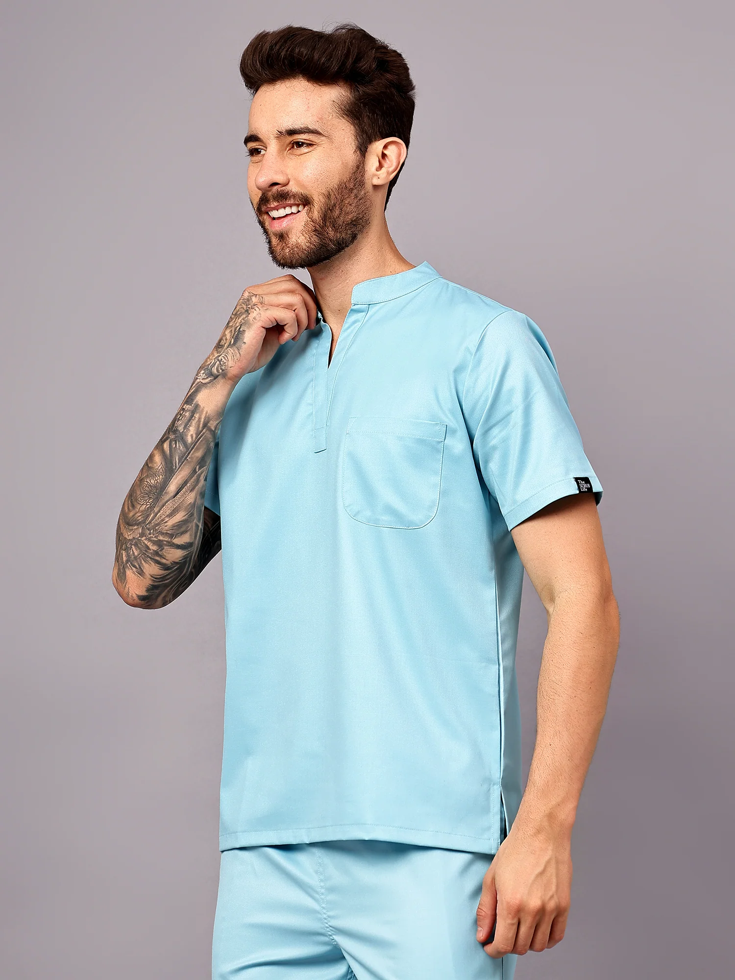 Stretchable (2Way) Men Aqua Blue Mandarin Neck With Jogger Scrub Set - Image 6