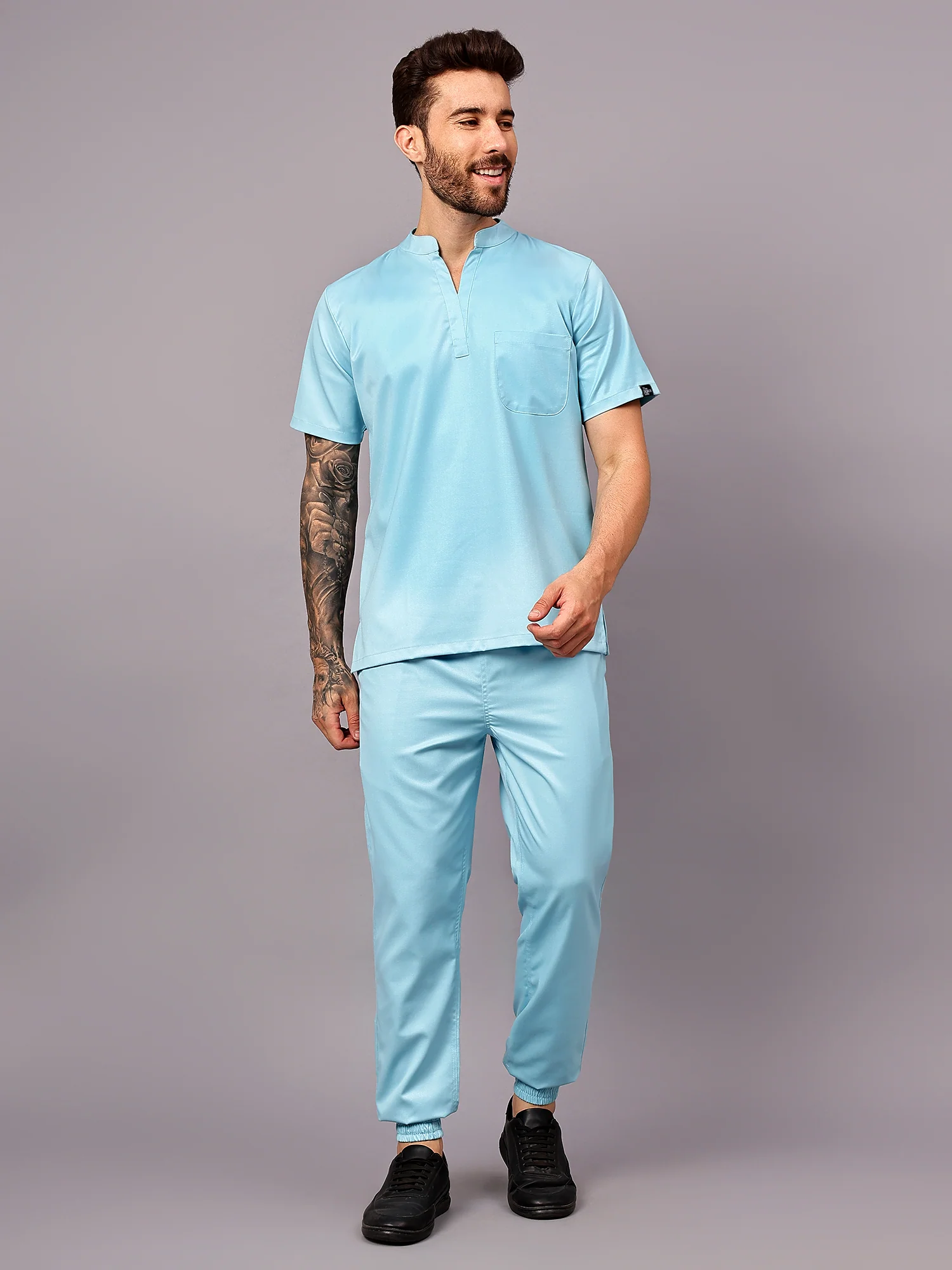 Stretchable (2Way) Men Aqua Blue Mandarin Neck With Jogger Scrub Set - Image 7