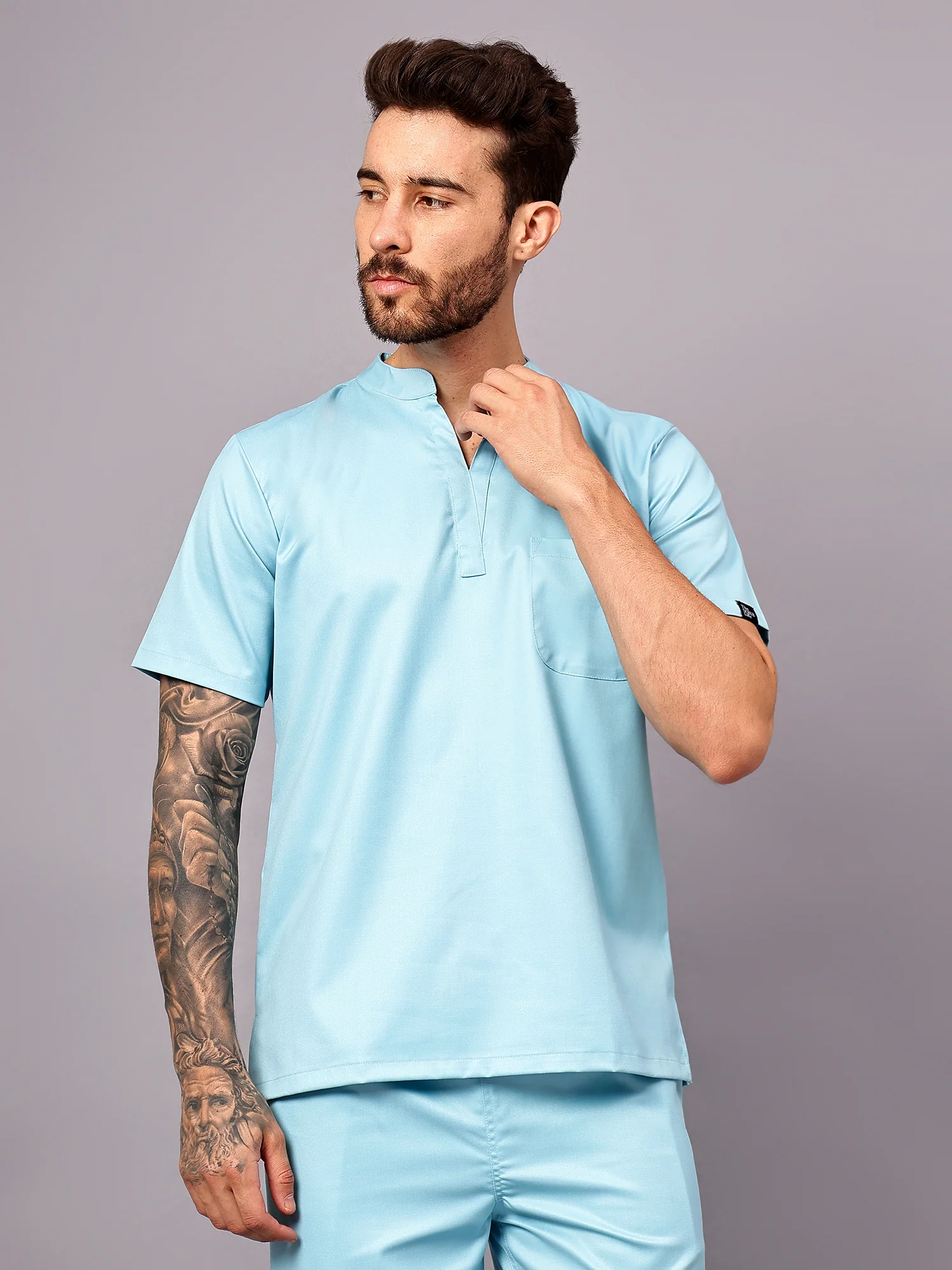 Stretchable (2Way) Men Aqua Blue Mandarin Neck With Jogger Scrub Set - Image 8