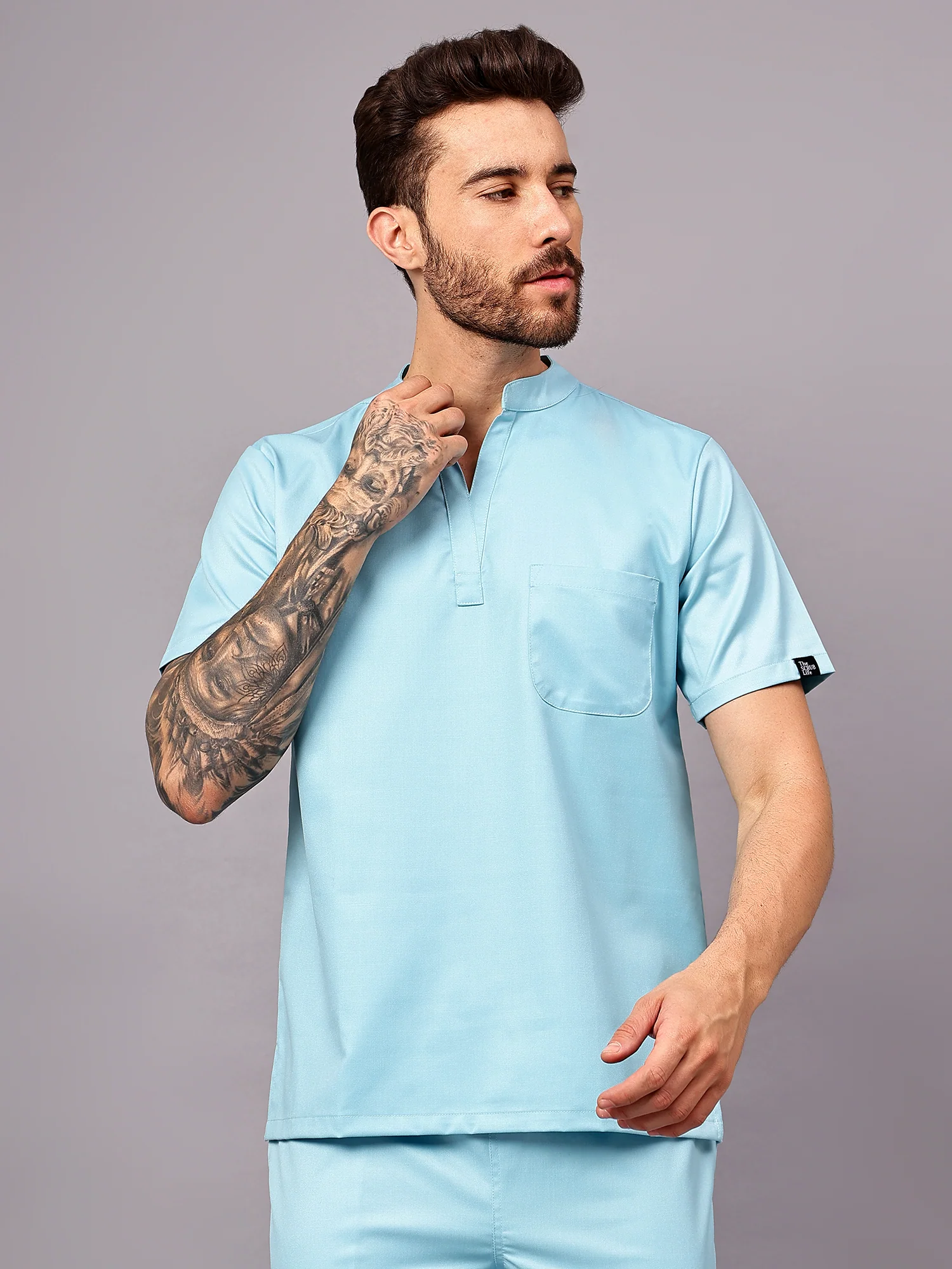 Stretchable (2Way) Men Aqua Blue Mandarin Neck With Straight Pant Scrub Set - Image 6