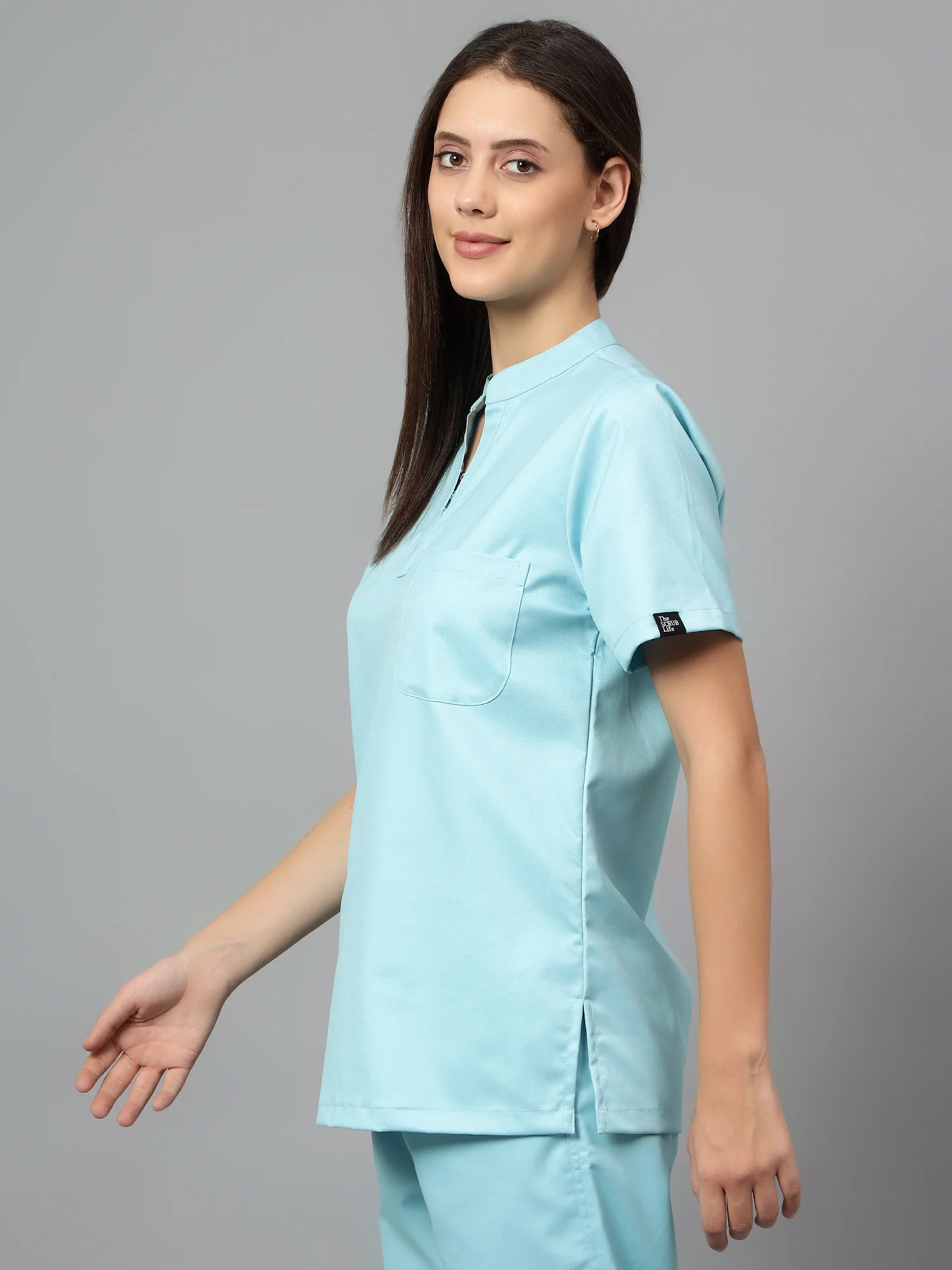 Stretchable (2Way) Women Aqua Blue Mandarin Neck With Straight Pant Scrub Set - Image 6